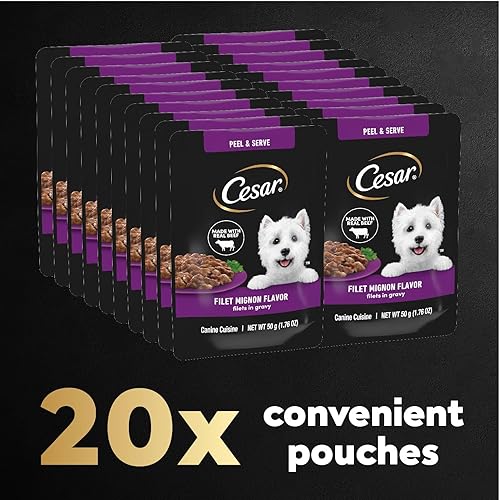 Miniatura 3 de Cesar Filetes en salsa de comida húmeda para perros, filete de sabor Mignon, 1.76 onzas, mini-bolsa, paquete de 20