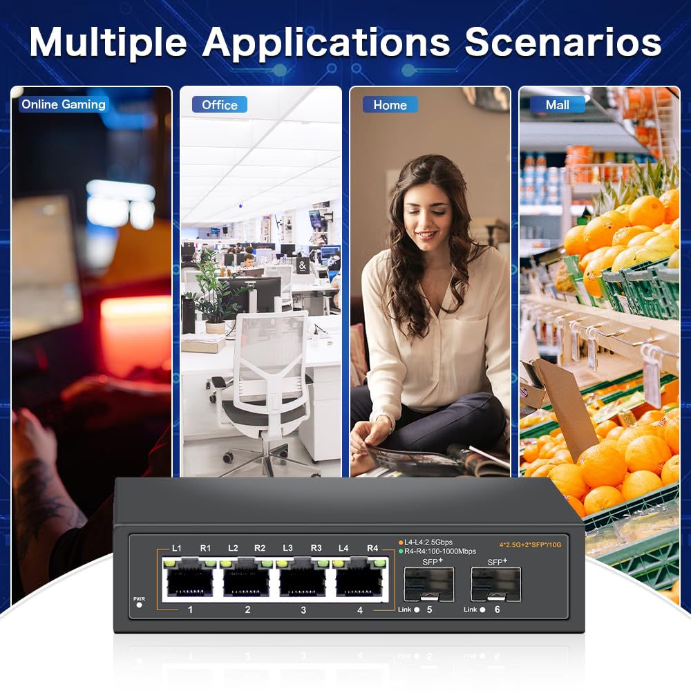 Commutateur Ethernet 2.5G Non administré avec 4 Ports 2.5G Base-T et 2 Ports Uplink 10G SFP, Compatible avec 100/1000/2500Mbps, Design sans Ventilateur, Commutateur réseau 2.5Gb en métal (6)