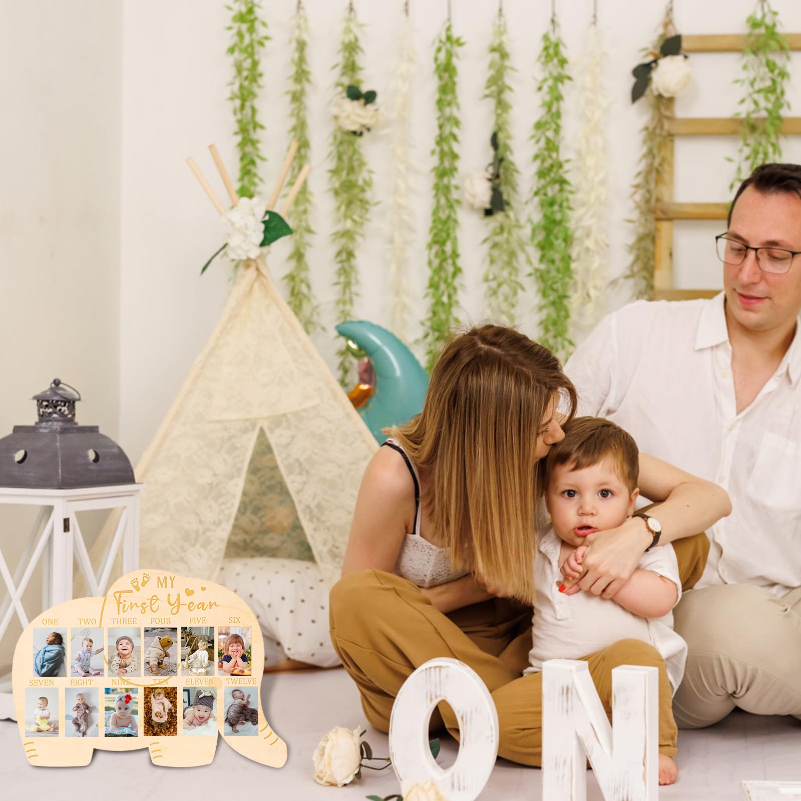 PEUTIER Cornice per Foto del Mio Primo Anno, In Legno Cornice per 12 Mesi Espositore Per Foto A Forma Di Elefante My First Year Photo Frame Regalo Per Ragazzi Ragazze Neonato Ricordi Della Mamma