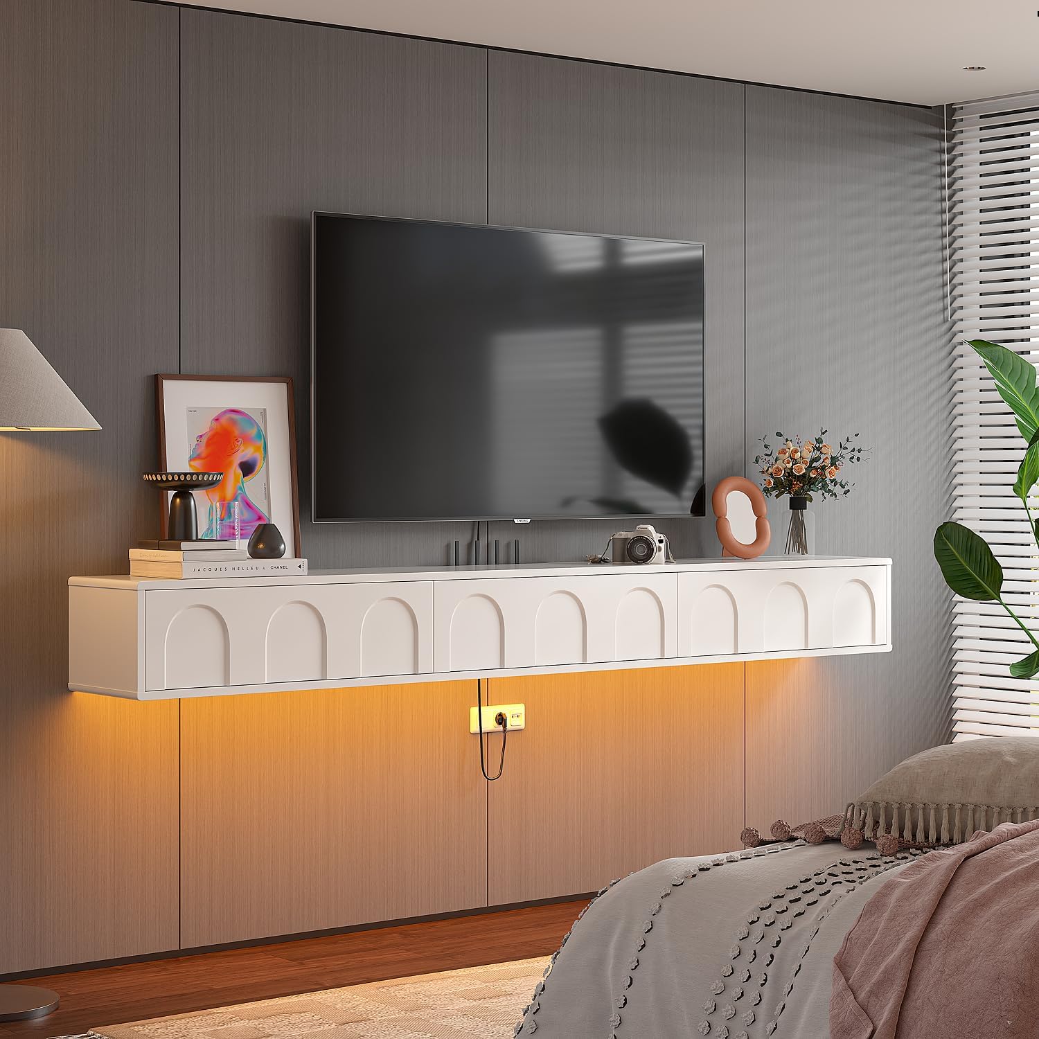 FurniNova 55'' Fully Assembled Floating TV Stand,Matte Wall Mounted TV Console Entertainment Center Floating Shelf for Under TV Media Conlole for Bedroom Living Room,Cream White - Image 7