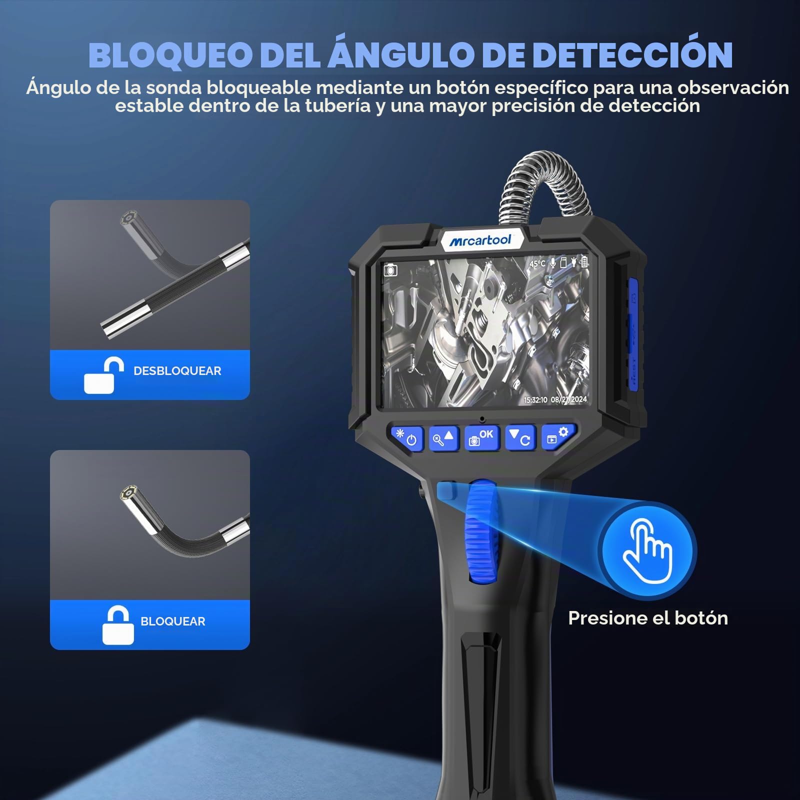 MRCARTOOL Endoscopio Industrial con Luz, 360° Giratorio Bloqueable Endoscopio Cámara de Inspección con 3.5" HD Pantalla, 6.2mm 1080P Cámara de Tubería, 32GB SD Card, 6 LED, IP67,1M Cable Semirrígido