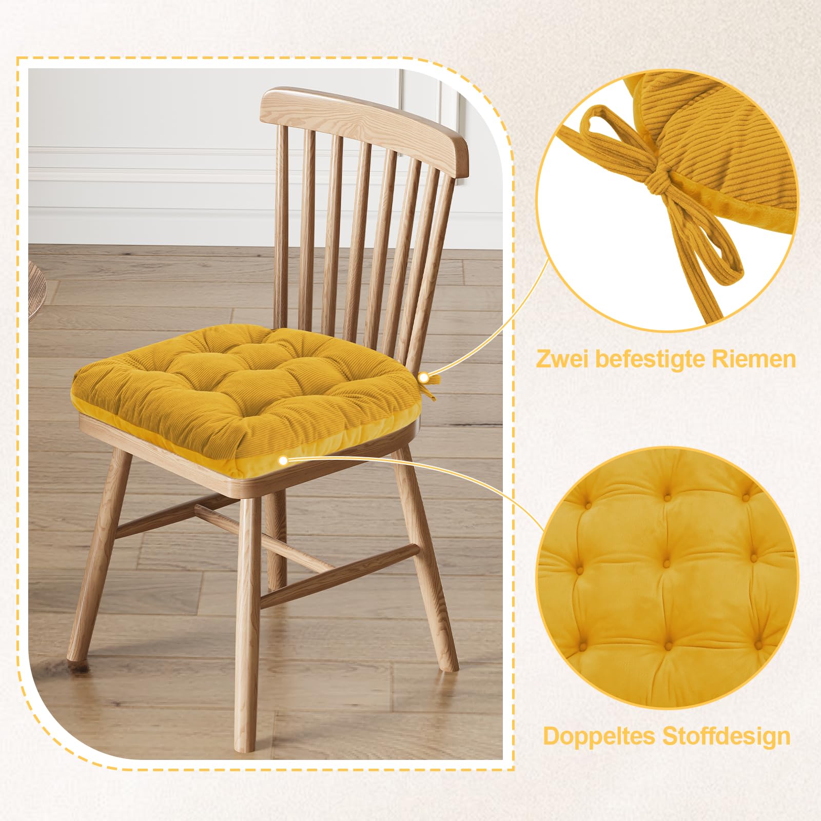 Juego de 2 cojines para silla, 45 x 45 x 7 cm, amarillo, cómodos cojines de pana y terciopelo de cristal con lazos, ideales para comedor, oficina, salón y sillas de jardín, relleno de alta