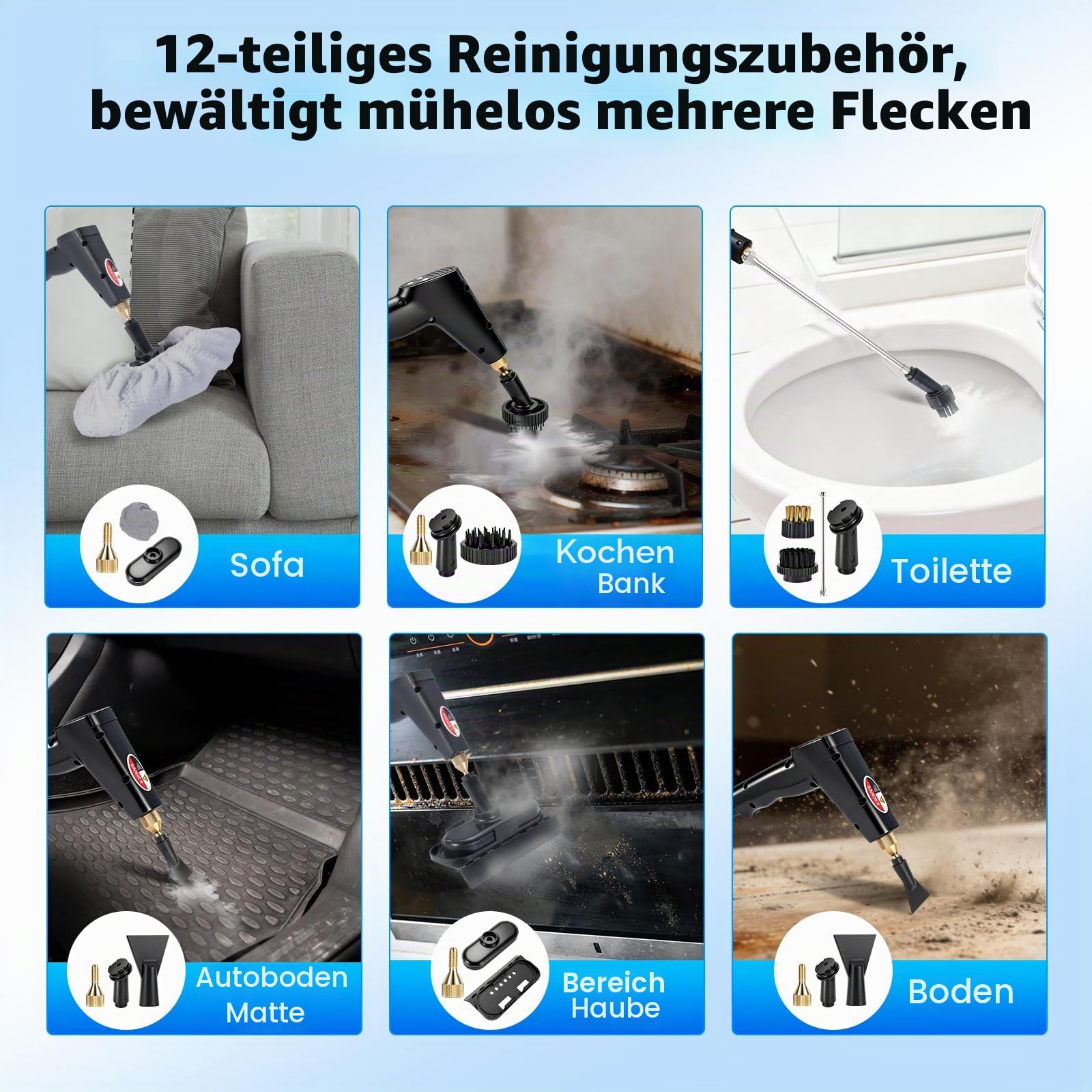 RUIZHI 6-Stufig Dampfreiniger Handgerät mit 12 Zubehör, Steam Cleaner Handheld 1700ML Tank, 1500W Mehrzweck, Dampfdruck 3.5Bar, Aufheizzeit 15s, Dampfreiniger für Alles Boden Auto Fenster Polstermöbel