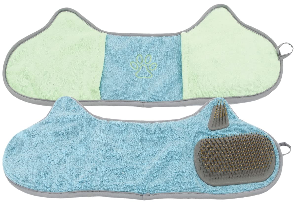 212 Main Bryer 2-in-1 Hand-Inserted Microfiber Pet Grooming Towel & Brush - Blue & Aqua - One Size