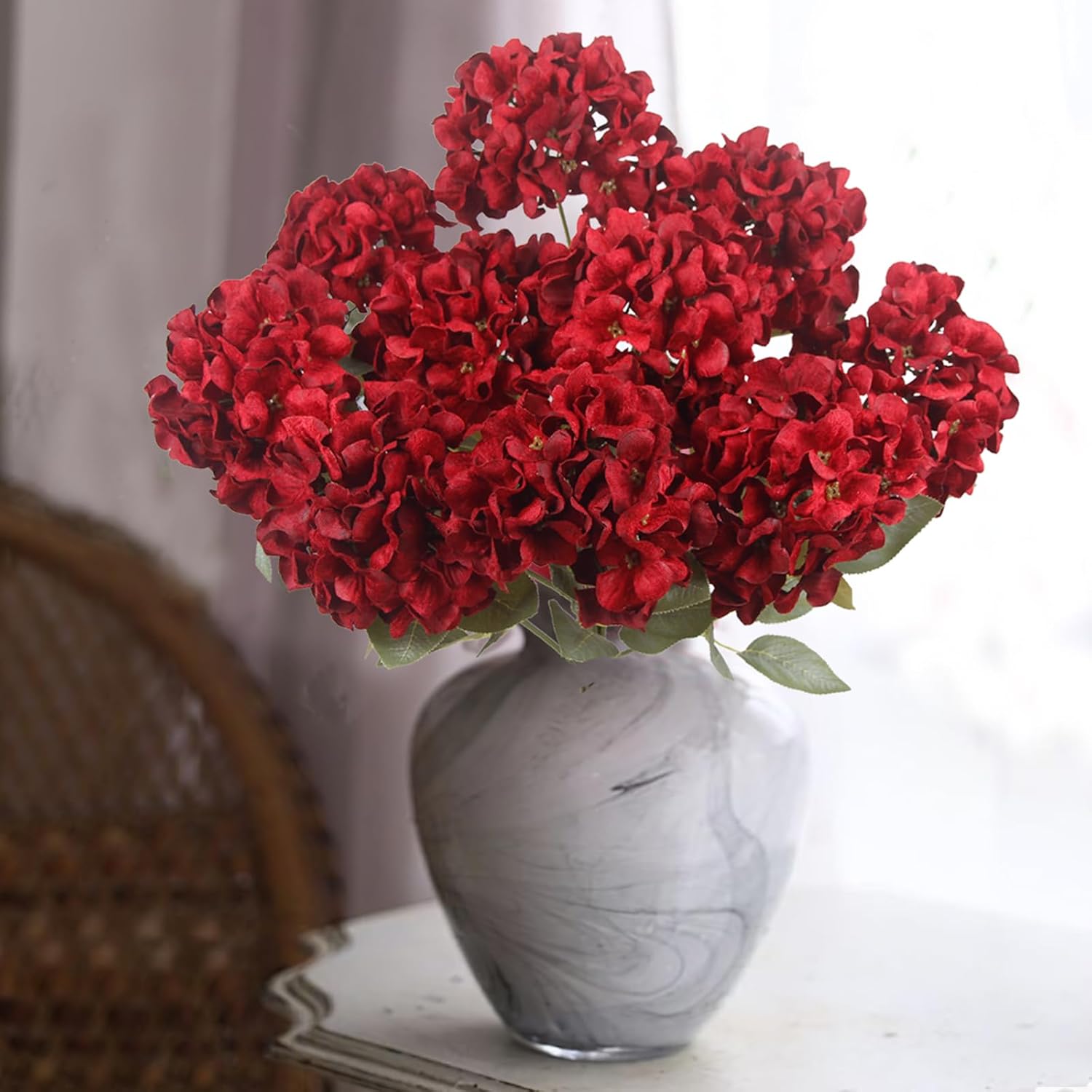 2 Pcs Hydrangea Artificial Flowers Red Faux Hydrangeas Flower Outdoor Artificial Flowers Bouquets Silk Hydrangea Flowers Stems for Home Decor Party Floral Arrangements Christmas Centerpieces