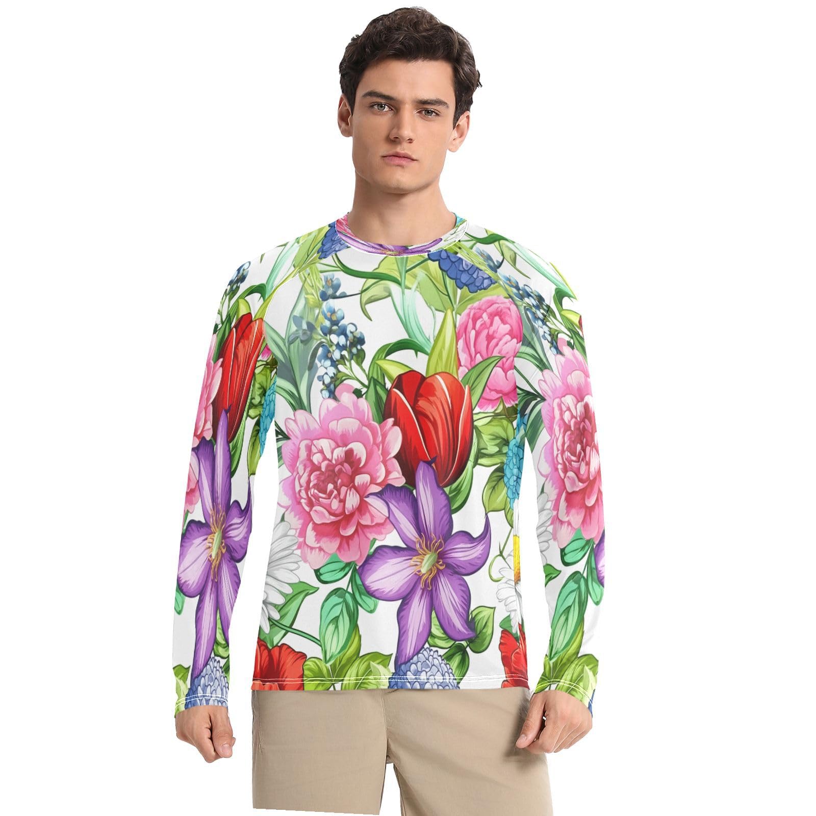 Bulletgxll Colorful Flowers Men's Sun Protection Shirts UPF 50+ Long Sleeve UV Rash Guard Quick Dry Swim Shirts