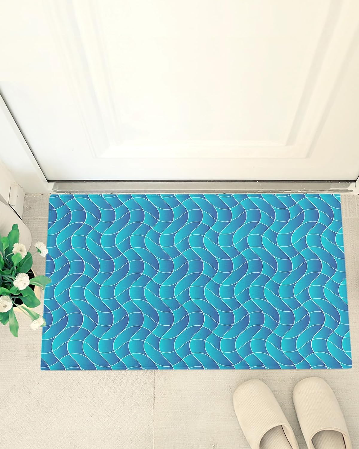 Abstract Art Plush Shag Bath Rugs Blue Wave Stripe Soft Fluffy Floor Doormat Carpet,Non-Slip Door Mats for Living Room Bedroom Kitchen Entryway Aesthetic Geometric Plaid