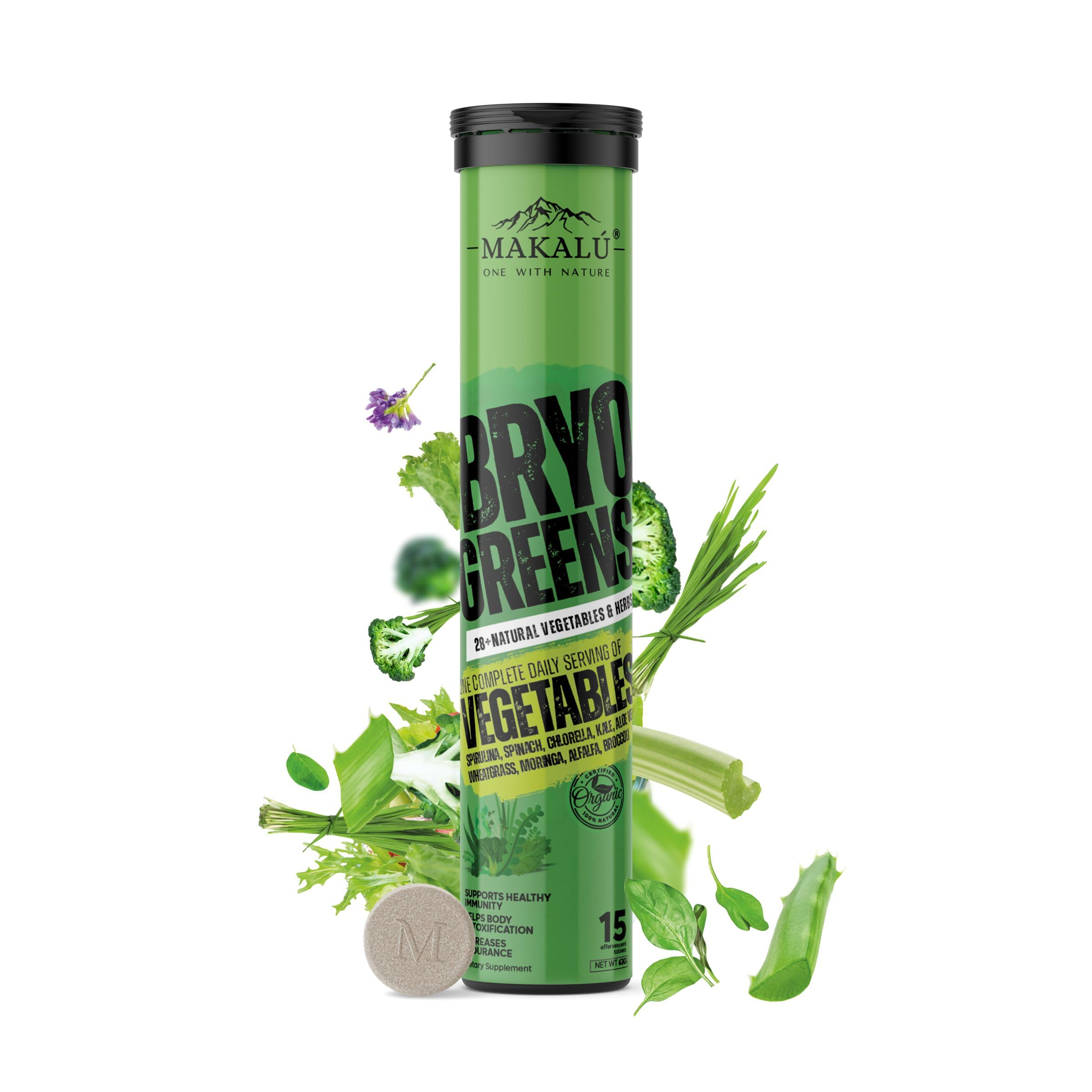 MAKALU ONE WITH NATUREBryogreens 28+ Organic Vegetables Dietary 15 Effervescent Tablets 100% Organic Vegetables & Herbs | 100% Vegan, Gluten Free, Sugar Free | Easy To Consume