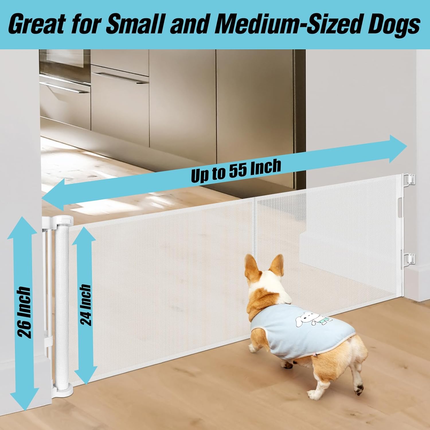 24 Inches Tall Retractable Dog Gate for The House, Short Baby Gates to Step Over, Extends up to 55" Wide, Reinforced Mesh Puppy Gate for Doorways, Step Over Pet Gate for Stairs, Indoor/Outdoor (White) White Reinforced 24" Tall X 55" Wide