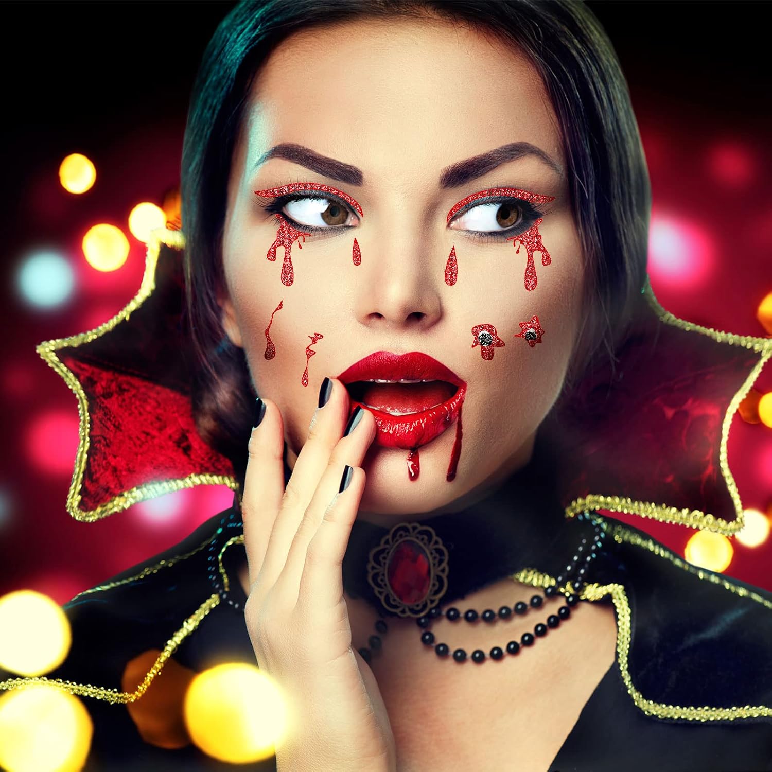 WILLBOND 6 Pcs Halloween Vampire Costume Accessories Set, Gothic Vampire Jewelry Set Black Lace Choker with Red Rhinestone Earrings, Bloody Face Stickers, 2 Pairs of Fangs and Glue - Image 4