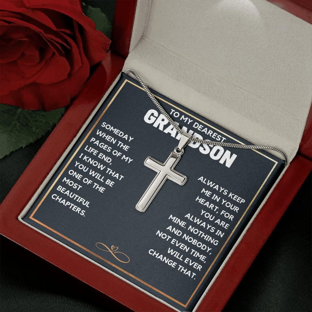 To My Grandson Necklace from Grandma | Cross Necklace with Message Card & Gift Box | Birthday, Graduation, Christmas, Easter Gifts for Grandson from Grandparents | Premium Stainless Steel