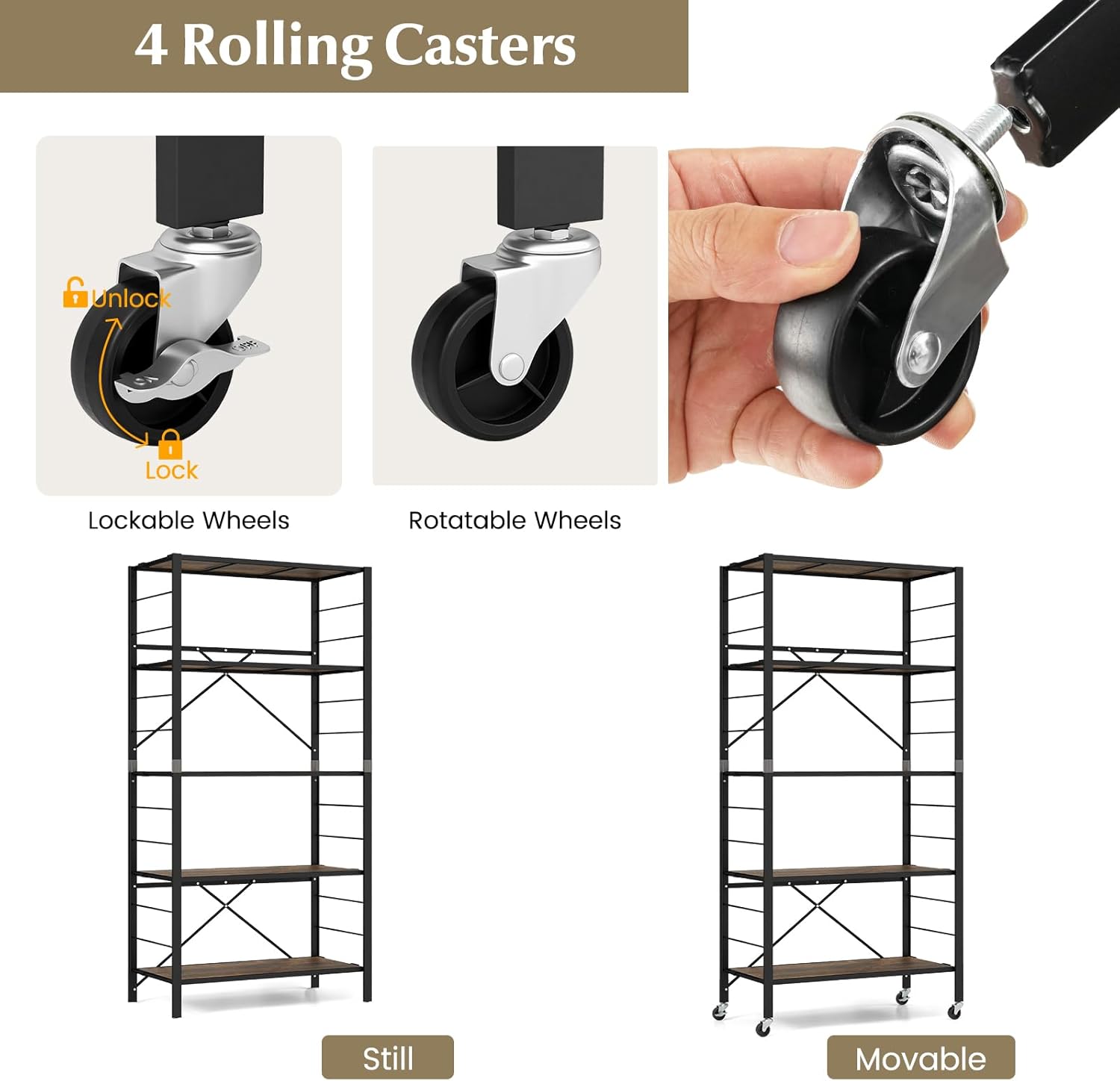 Close-up images of lockable and rotatable wheels, and how they attach to the bookshelf.
