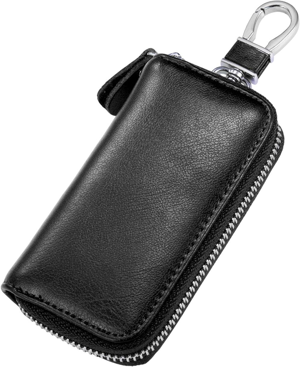 Compact Leather Car Key Case, Zipper Key Organizer Wallet With 6 Hooks