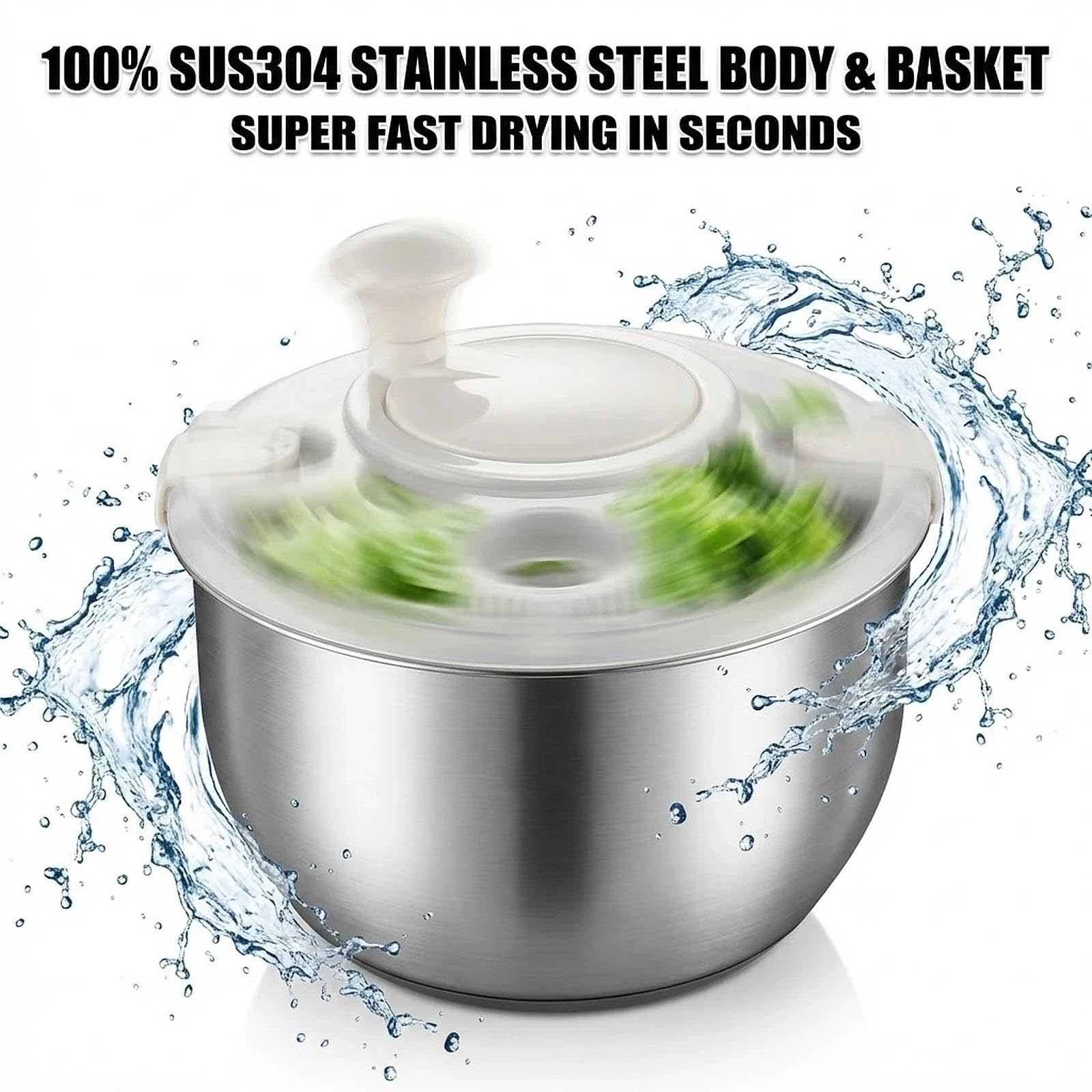 Centrifuga per insalata grande da 6 litri con cestello interno in acciaio inossidabile e ciotola, centrifuga professionale per la preparazione dei pasti in famiglia, rondella per frutta e riso in
