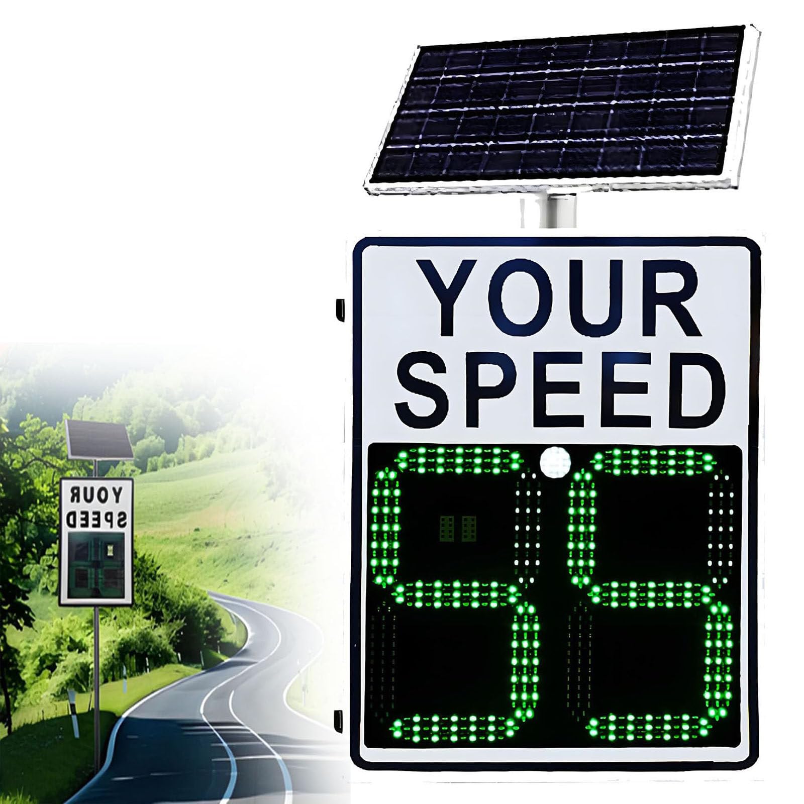 Señal de retroalimentación de radar con energía solar con pantalla LED digital para carreteras y parques industriales, 20 x 28 pulgadas / 24 x 35 pulgadas