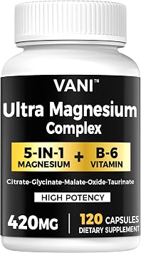 Magnesium Glycinate, 420mg 5 in 1 Magnesium Complex & B6 Supplement for Nerve, Heart, Muscle Health & Relaxation*, Maximum Bioavailability & Absorption, Gluten Free, 120 Vegan Capsules