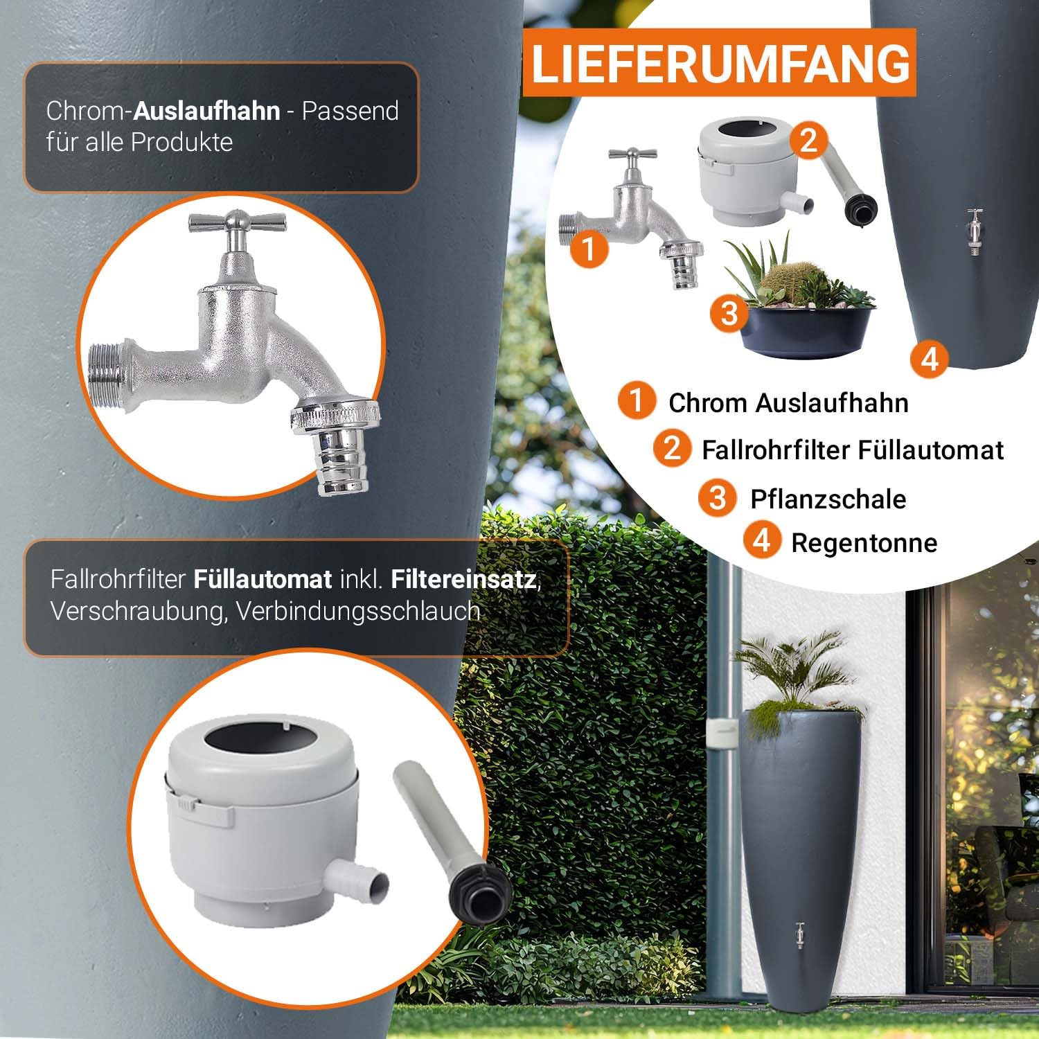 GARANTIA 2in1 Regentonne Komplett-Set 300 Liter Graphite Grey inkl.
