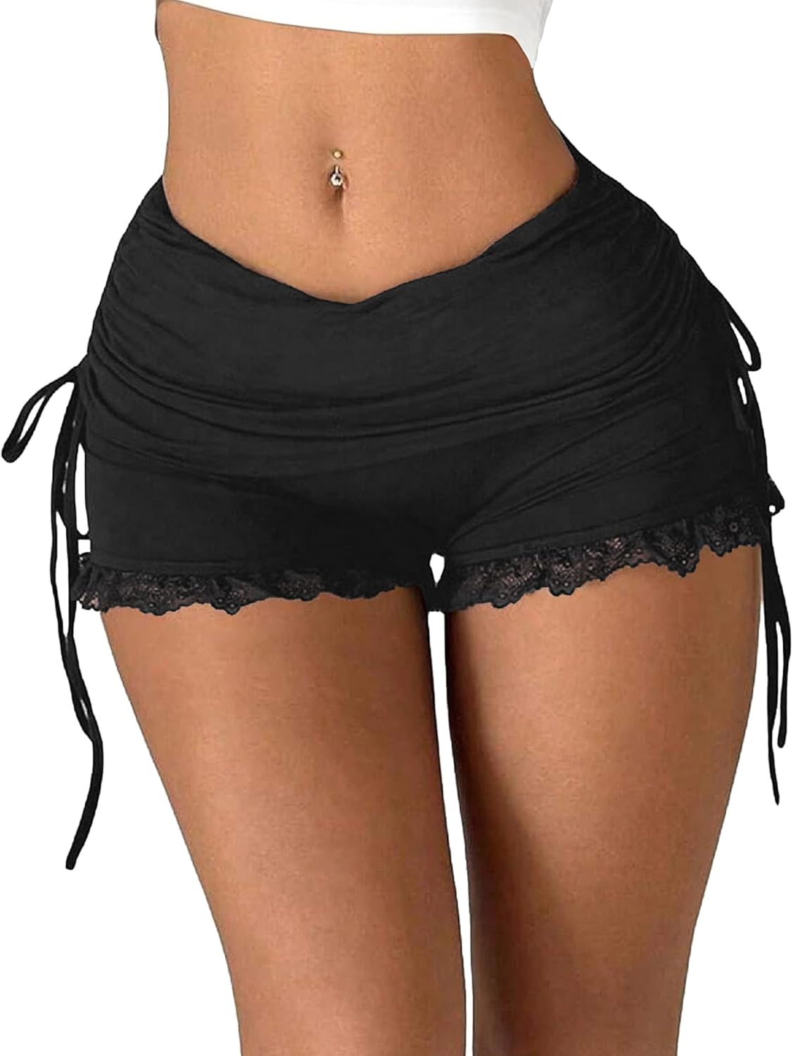 Women’s Lace Trim Side Drawstring Ruched Micro Shorts Y2K Low Rise Stretchy Cute Summer Ruffle Mini Shorts