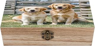 Golden Retriever Dogs Puppies Pets Wooden Storage Box Rustic Jewelry Box with Hinged Lid Large Jewelry Storage Case Beautifully Keepsake Boxes Unique Gift Ideas for Men & Women