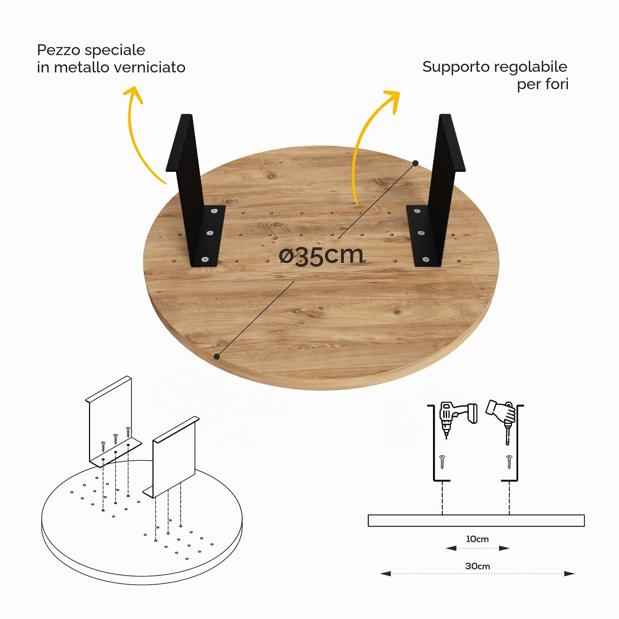 Vassoio da divano con bracciolo, vassoio regolabile per divano e bevande, design speciale, pratico supporto in metallo, diametro 35 cm (effetto legno)