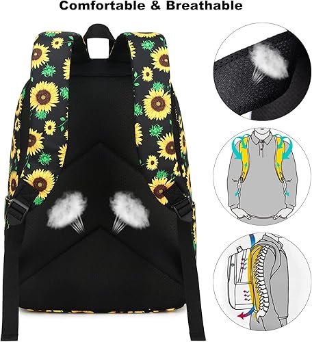 Miniatura 5 de Mochila escolar para niñas, niños y adolescentes, juego de bolsas escolares con bolsa de almuerzo, bolsa para lápices, Girasol, Classic