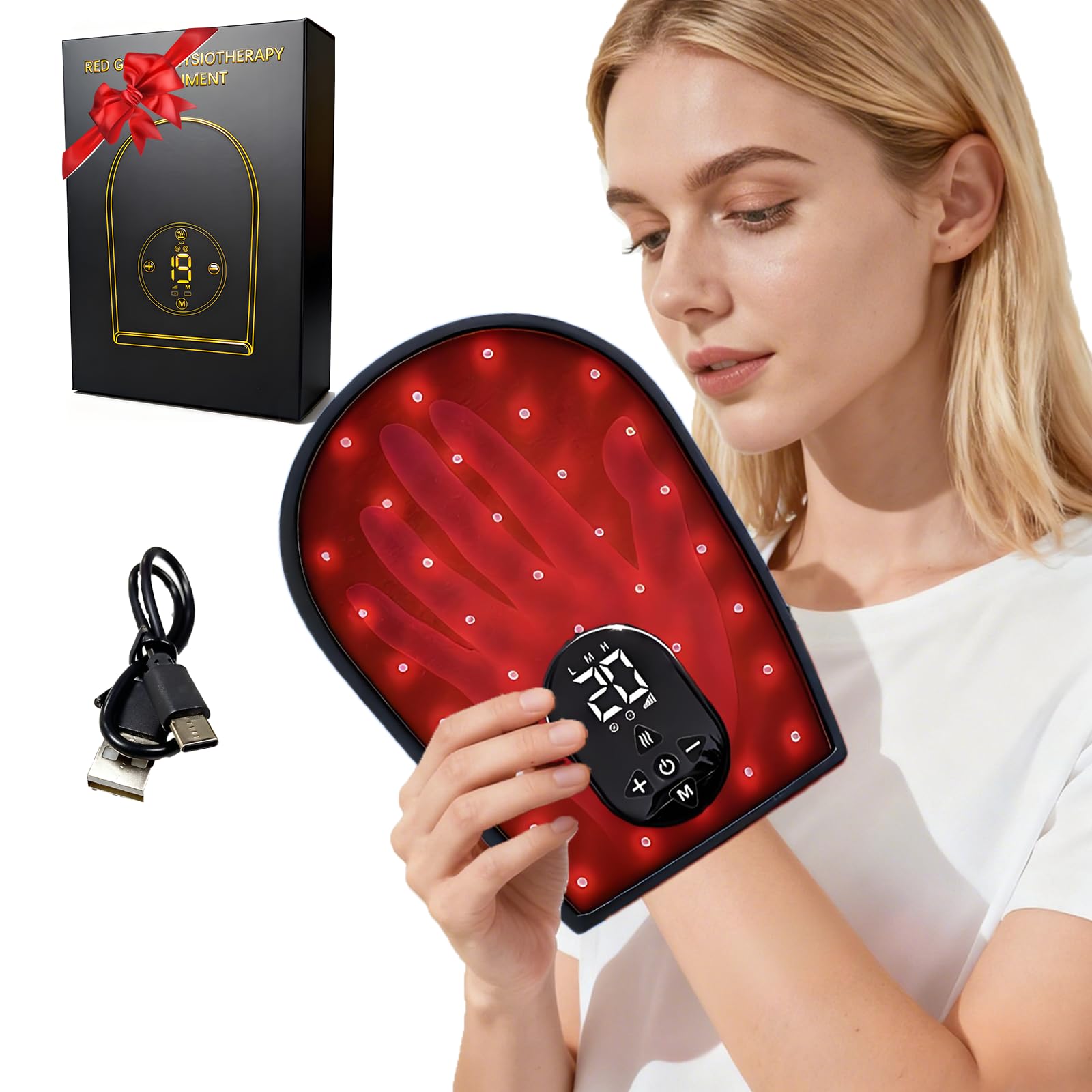 Gants de thérapie par lumière rouge pour les mains, appareil infrarouge, massage sans fil & 8 modes, 76 LEDs à lumière infrarouge proche 660nm & 850nm pour les doigts, la paume, le poignet