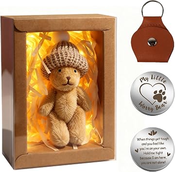 TUZELIYA Handmade Mini Worry Plush Bear in Box with Hat - Positive Little Plush Bear Set with LED Light Keychain Raffia - Pocket Bears Hug for Family Friends Kids - Easter Gifts for Men Women