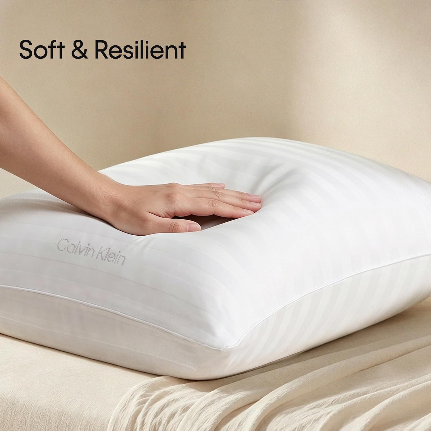 Calvin Klein Feather Down Bed Pillows Queen Size Set of 2, Cotton Cover