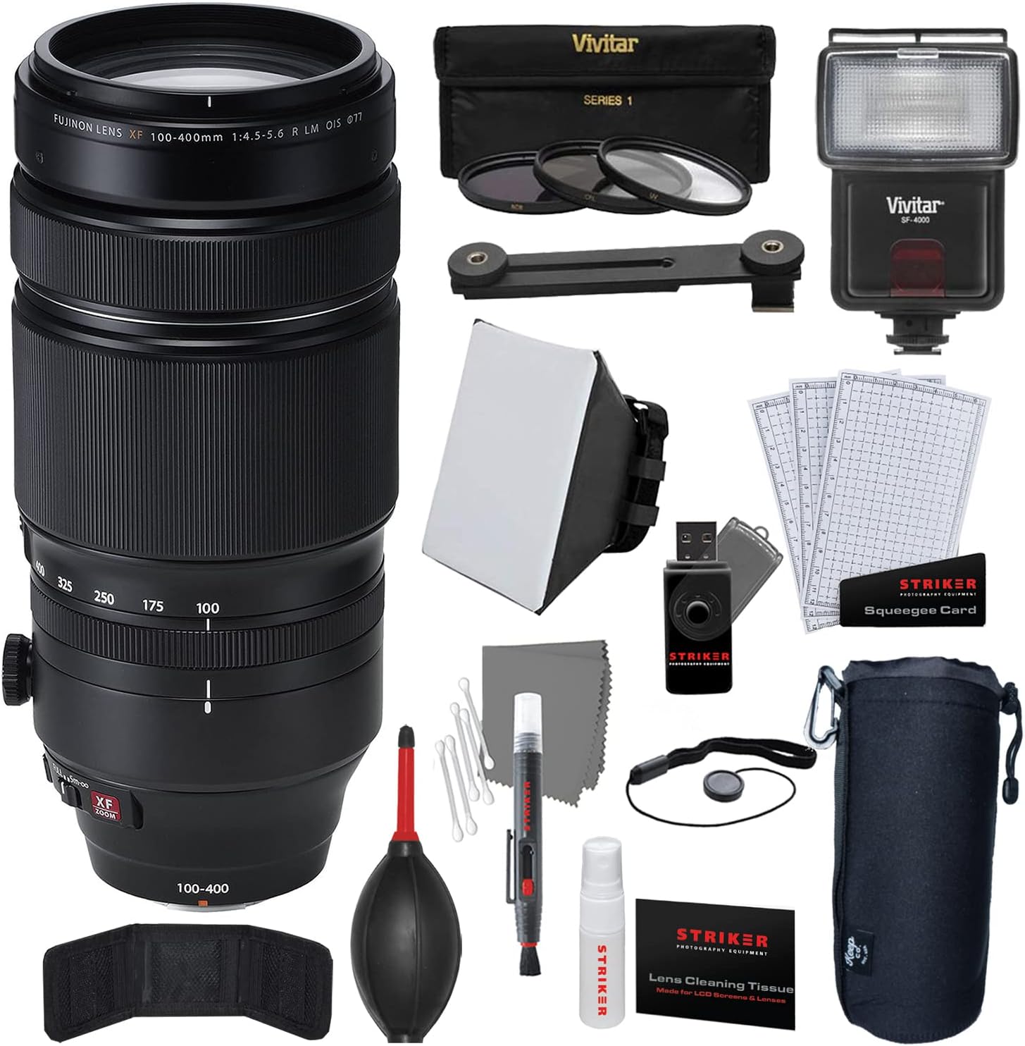 Fujifilm XF 100-400mm f/4.5-5.6 R LM OIS WR + Photo Starter Kit |11 Piece+ 3-Piece Multi-Coated HD Filter Set + Lens Pouch | Extra Large + SF-4000 Flash with Bracket + Soft Box Flash Diffuser