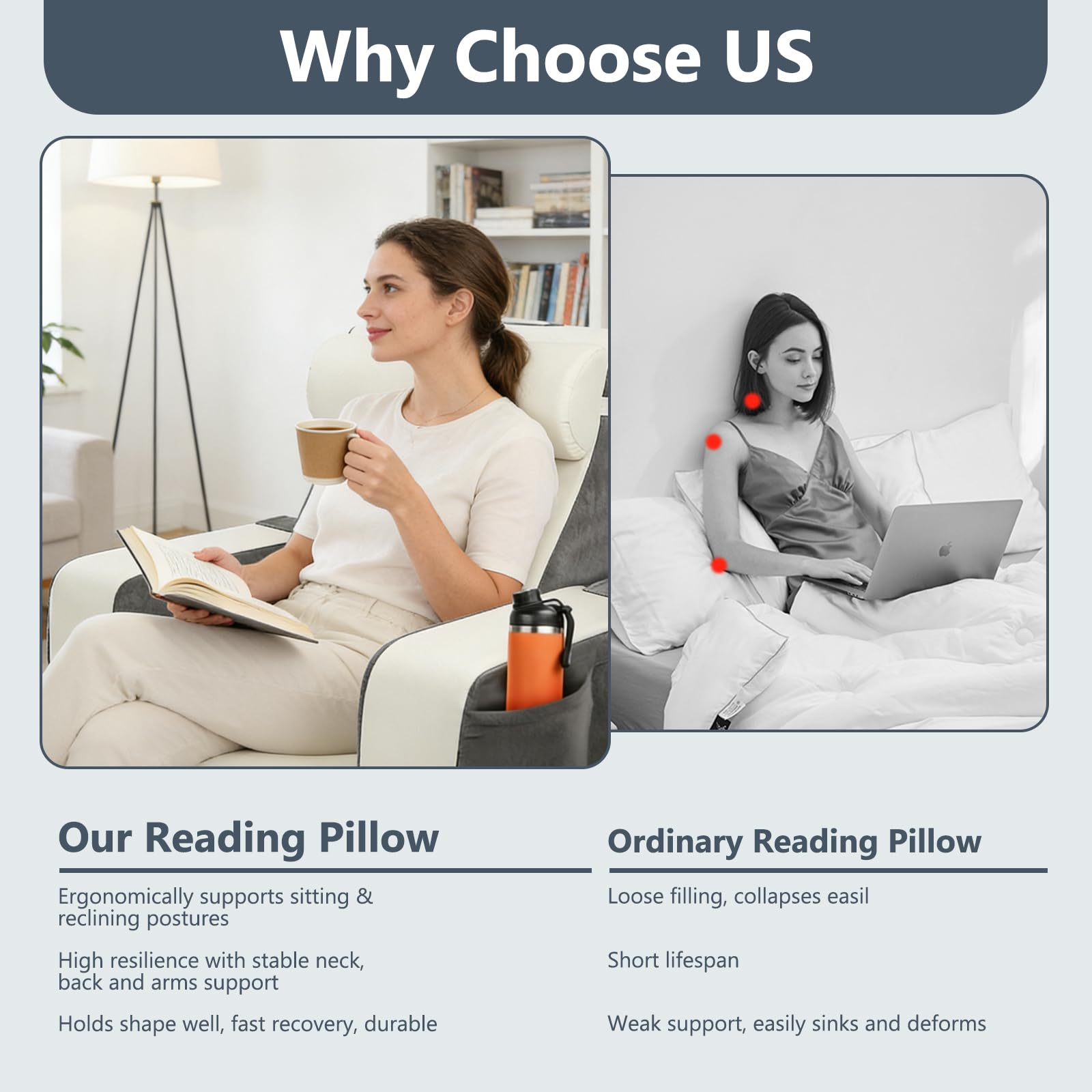 Lesekissen für Bett und Sofa,Rückenkissen Bett mit Abnehmbarer Nackenrolle & Armlehne,Ergonomisches Erwachsenen Rückenkissen mit Waschbarem Bezug, Rückenstützkissen zum Lesen/Fernsehen (Grau+weiß)