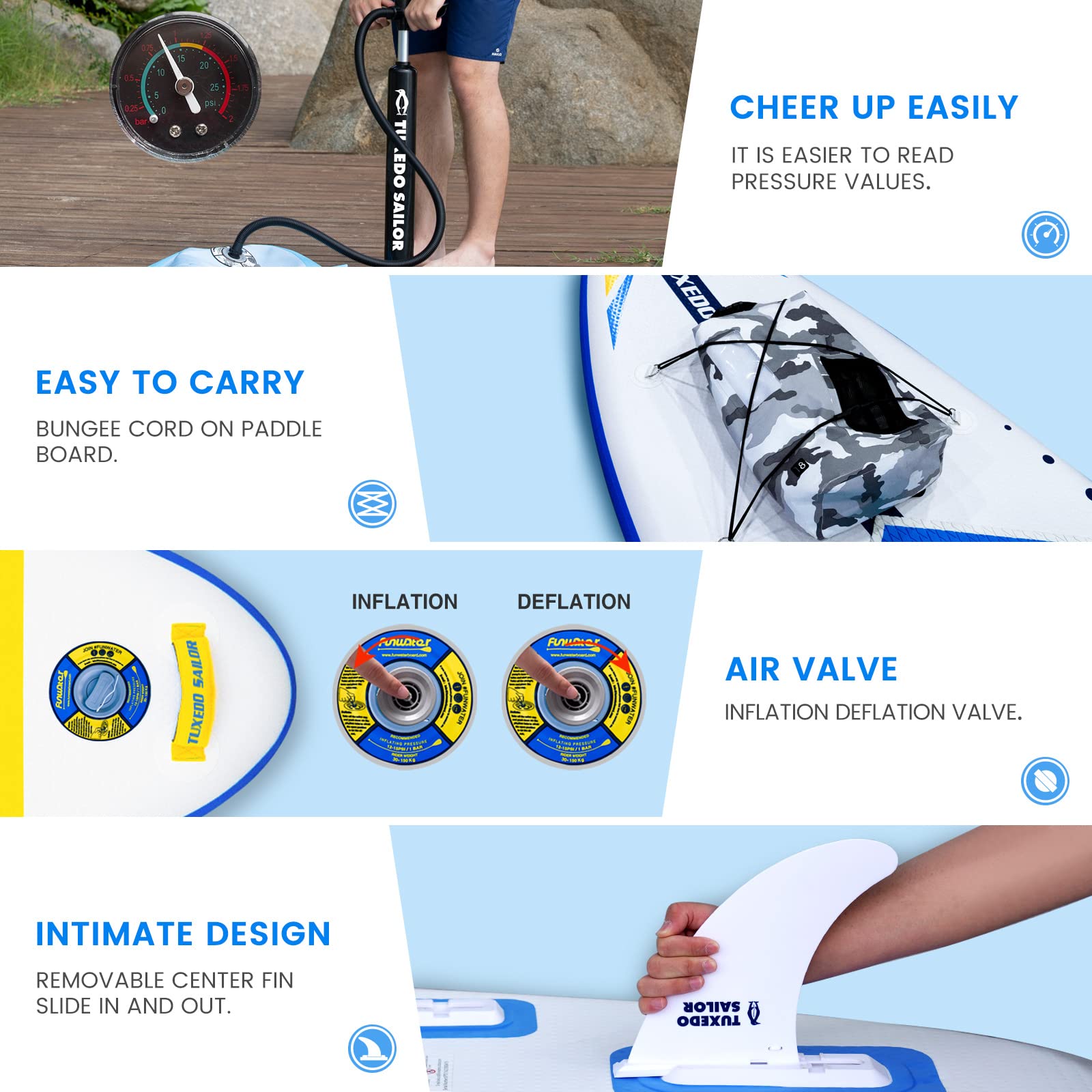 Tuxedo Sailor Stand Up Paddle Surfboard Sup Hinchable Accesorios para Tabla Hinchable Completa Paddle Ajustable, Bomba, Mochila de Viaje ISUP, Peso, Dry Bag