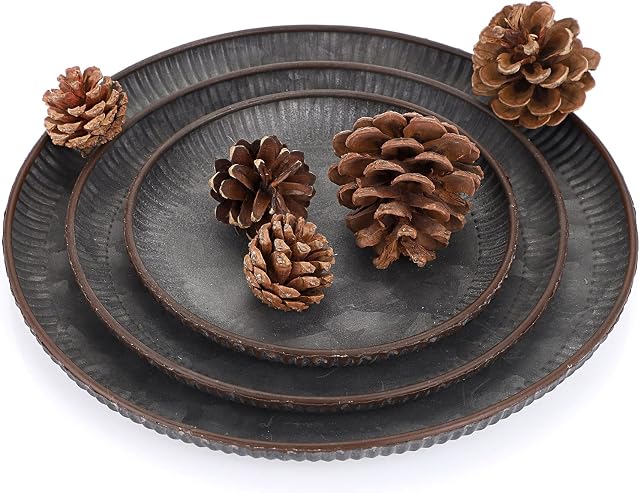 BSTKEY Set of 3 Industrial Farmhouse Style Metal Iron Serving Tray, Decorative Round Table Tray Tin Glitzhome Galvanized Storage Plate, 3 Sizes Diameter 25CM+20CM+16CM