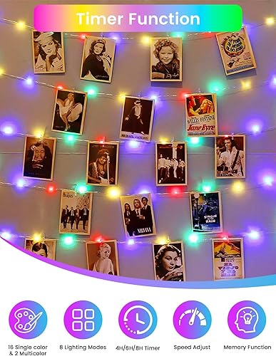 Miniatura 5 de Guirnalda de 100 luces LED que cambian de color de 33 pies, funciona con USB, funciona con pilas, con control remoto para exteriores, tira de luces