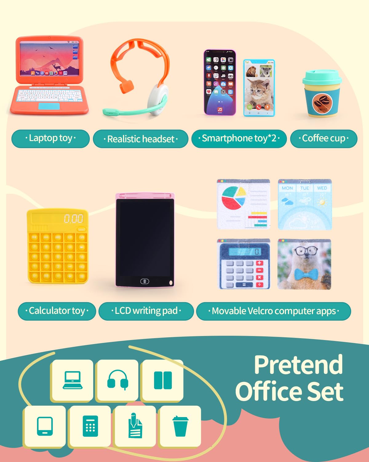 KUMDIYIT Pretend Play Home Office Set-Toy Kids Laptop,2 Cell Phones,LCD Writing Tablet,Pop Fidget Calculator,Headset & Beverage Cup for Toddlers(Ages 3+)-Work Simulation Play