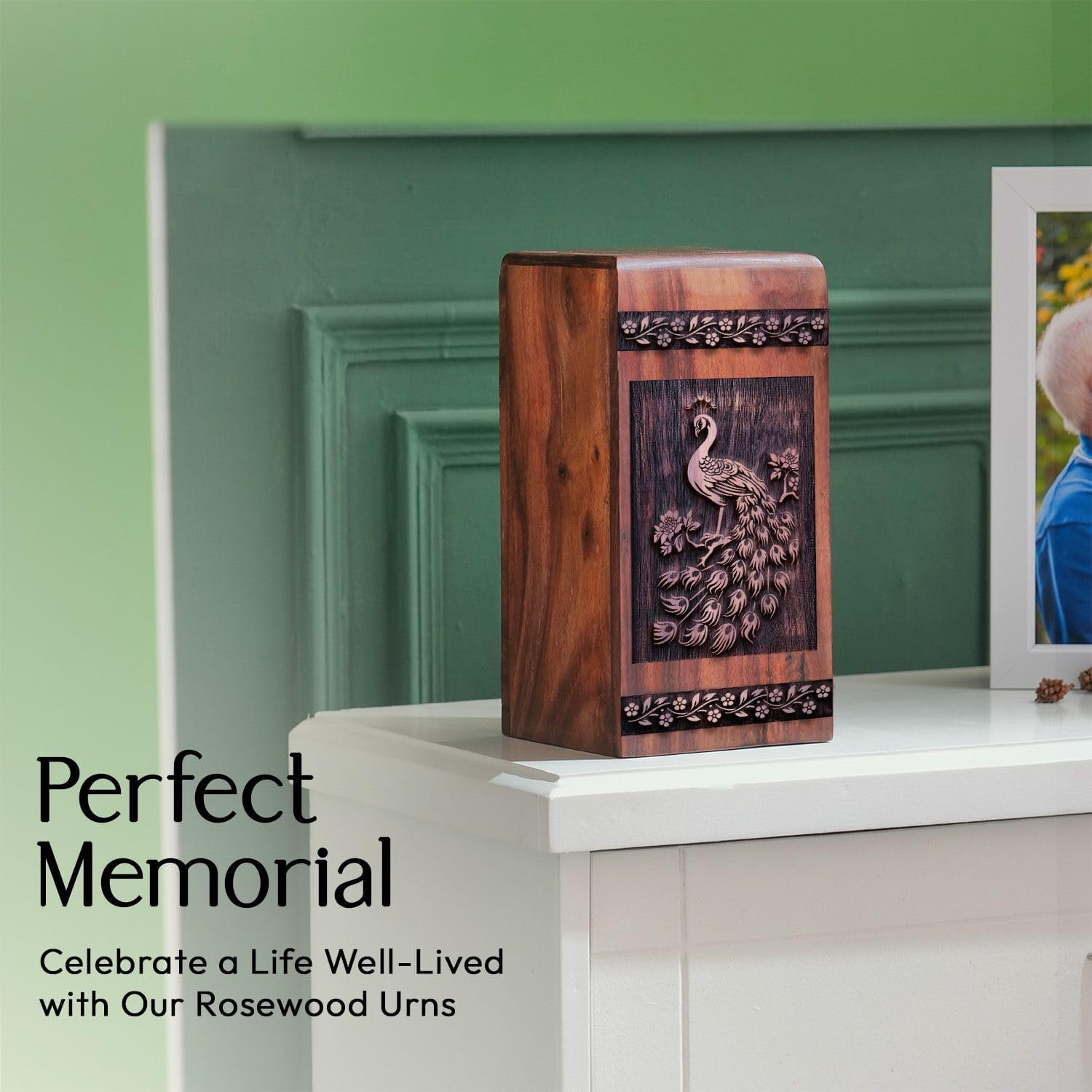 Wooden Keepsake Box - Peacock Urn for Women Ashes - Funeral Cremation Urns for Ashes Dad - Burial Urns for Adult Male - Ash Urns for Humans - 5x3inch - Unique Urns for Human Ashes Adult Female