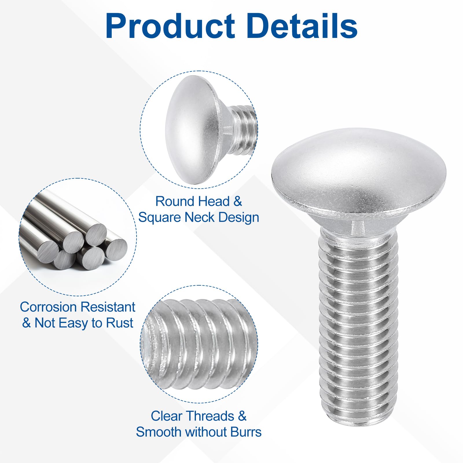 QUARKZMAN 10Pcs Bulloni A Testa Tonda Con Collare 1/2"-13x2" Argento