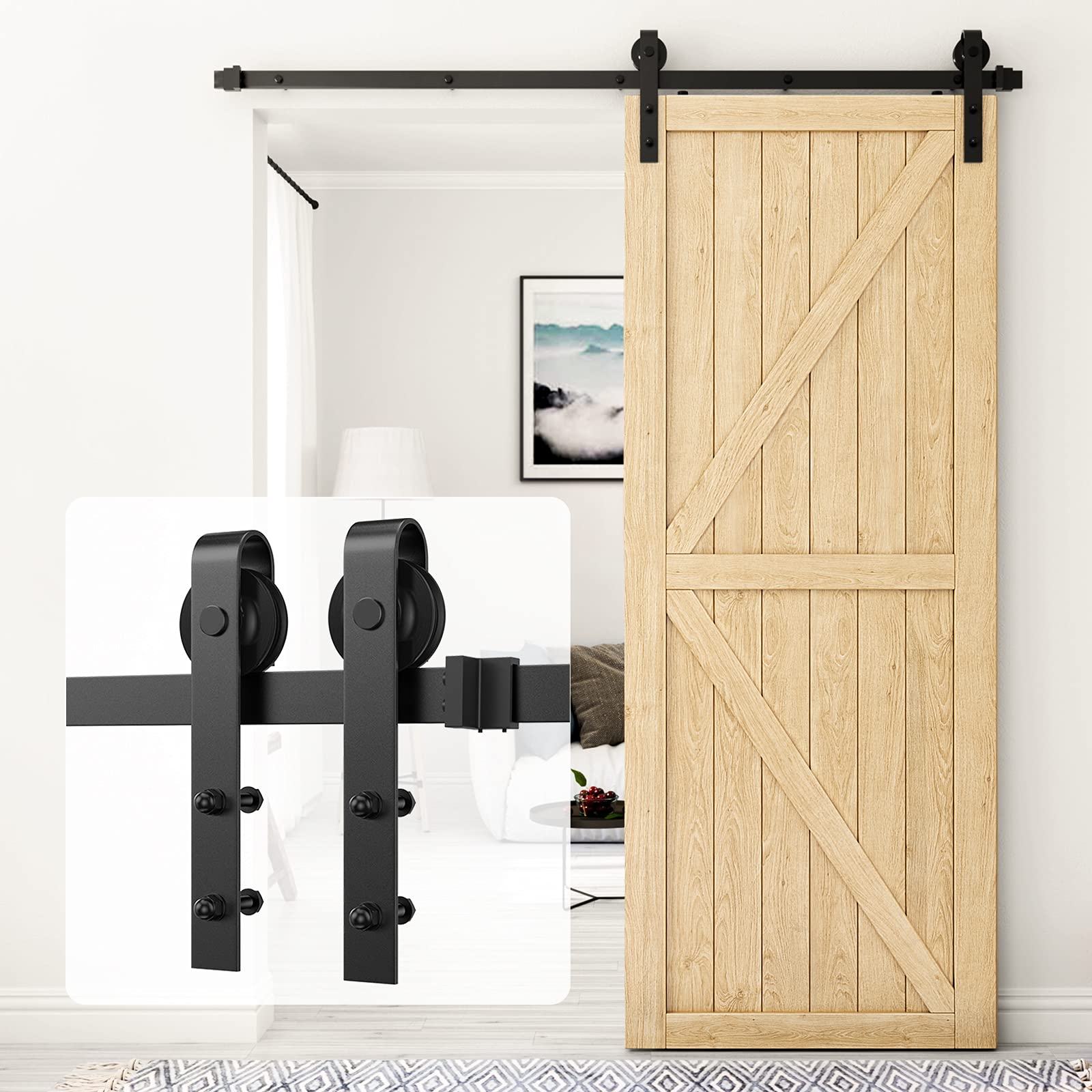 Homlux 6ft Heavy Duty Sturdy Sliding Barn Door Hardware Kit Single Door - Smoothly and Quietly - Simple and Easy to Install - Fit 1 3/8-1 3/4" Thickness Door Panel(Black)(J Shape Hangers)
