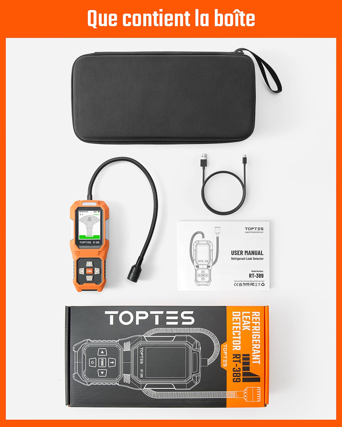 TOPTES RT-389 Détecteur de Fuite de réfrigérant Rechargeable, détecteur de Fuite de fréon avec 3 sensibilité et 3 Types d'alarme, pour CFC,HCFC,HFC,HFO,HC pour Automobile, Maison Industrie – Orange
