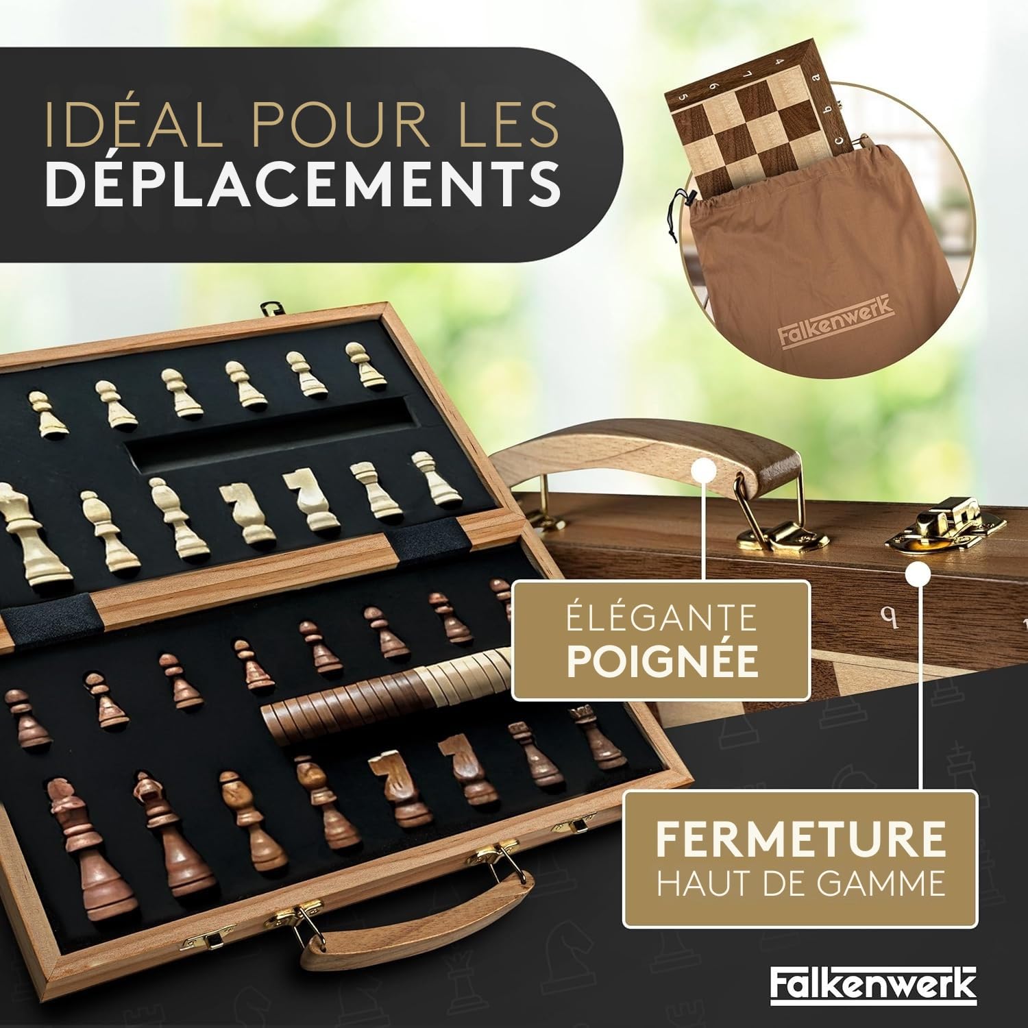 FALKENWERK Jeu d'Échecs Magnétique en Bois [38 x 38 cm] - Échiquier Fabriqué à la Main en Bois Véritable - Planche de Qualité Supérieure Avec Instructions et Conseils