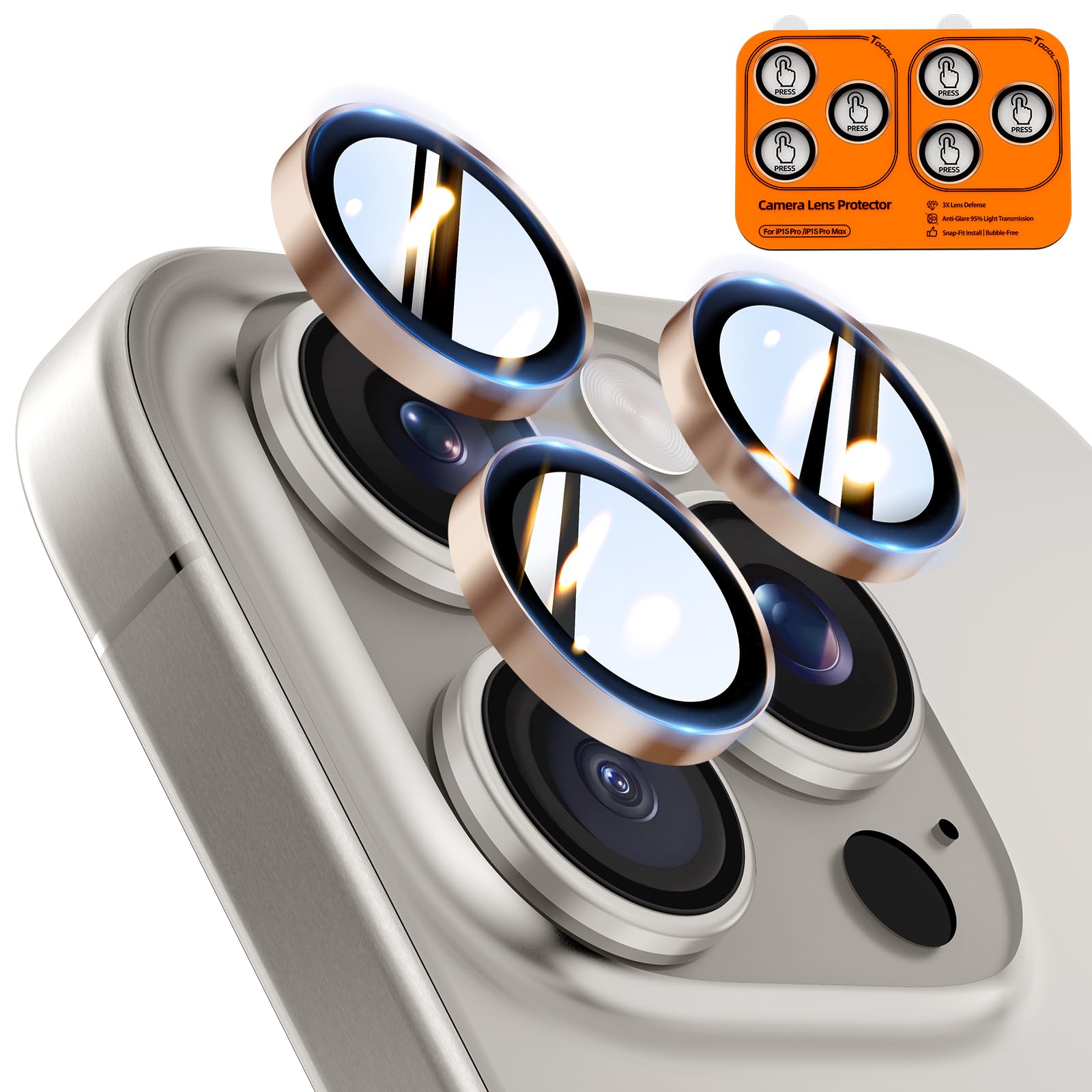 TOCOL für iPhone 15 Pro, iPhone 15 Pro Max Kameraschutz, Ultra HD Individualschutz, 9H+ Härte Robuster Kratzfestes, Einfache Montage, Kamera Schutz für iPhone 15 Pro / 15 Pro Max, Wüstensand