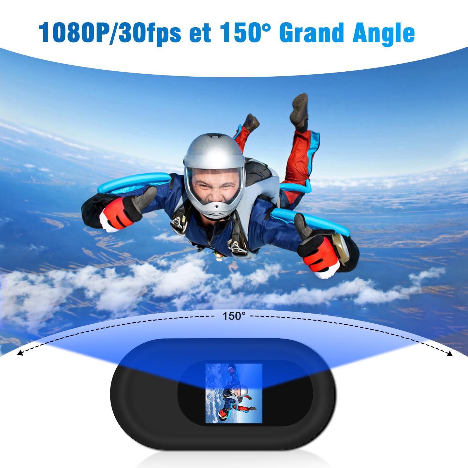 Tebetu Mini Caméra D'action 1080P, Portable Caméra Sport étanche Avec Vision Nocturne, Caméra Moto Magnétique IPX4, Kit Casque/Vélo/Moto, Écran LCD + Pince 360°, Grand Angle De 150