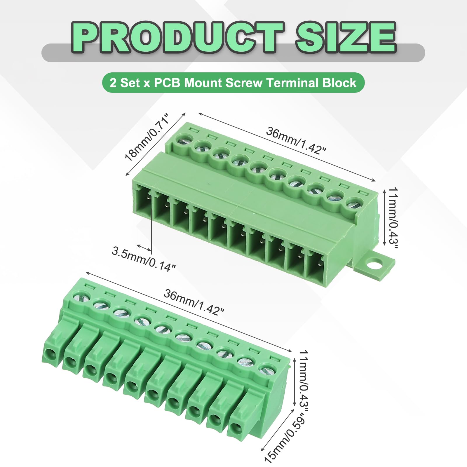 sourcing map Lot de 2 connecteurs de bornier à vis à 10 broches, pas de 3,5 mm mâle et femelle pour montage sur circuit imprimé 300 V 8 A Connecteur de bornier vert pour projet électronique domestique
