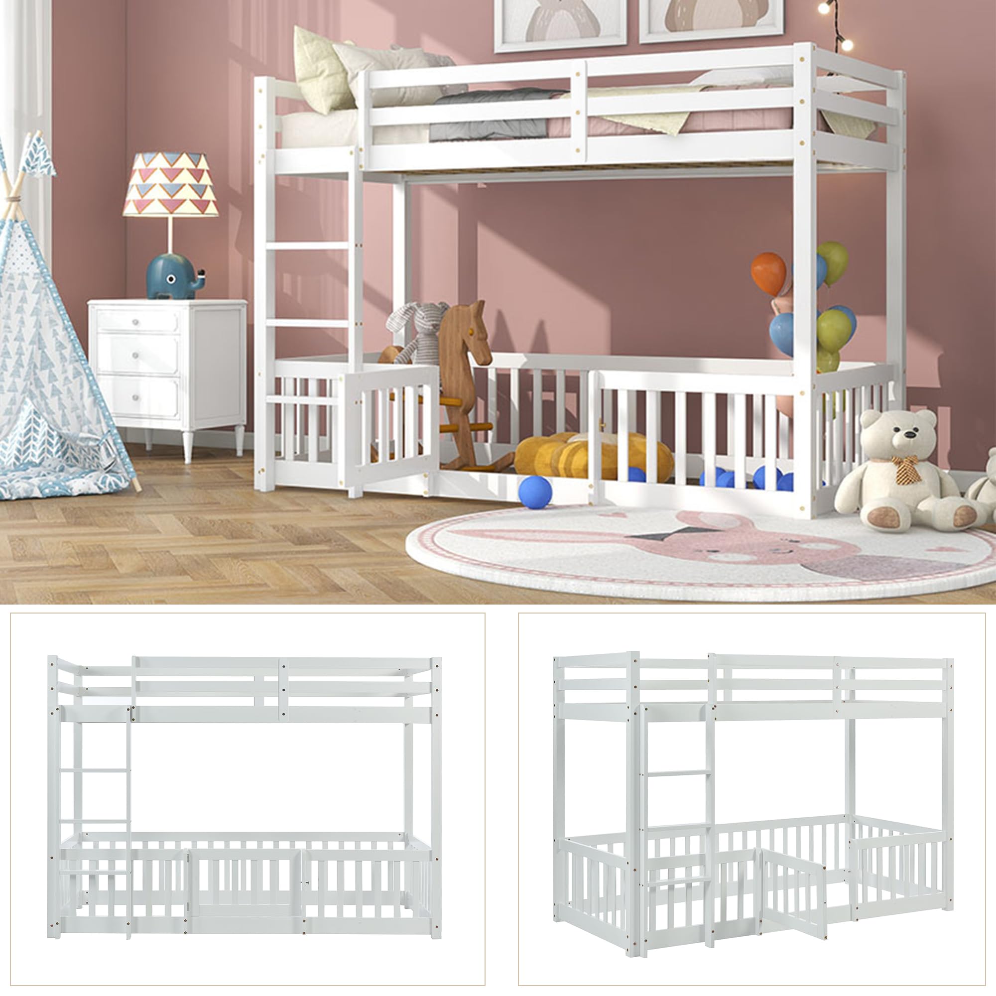 Etagenbett Kinderbett 90 x 200 mit Zäune und Türchen, Hochbett für 2 Kinder, Massivholz Bodenbett Stockbett Funktionsbett Jugendbett mit Leiter, Doppelbett mit Rausfallschutz und Lattenrost, Weiß