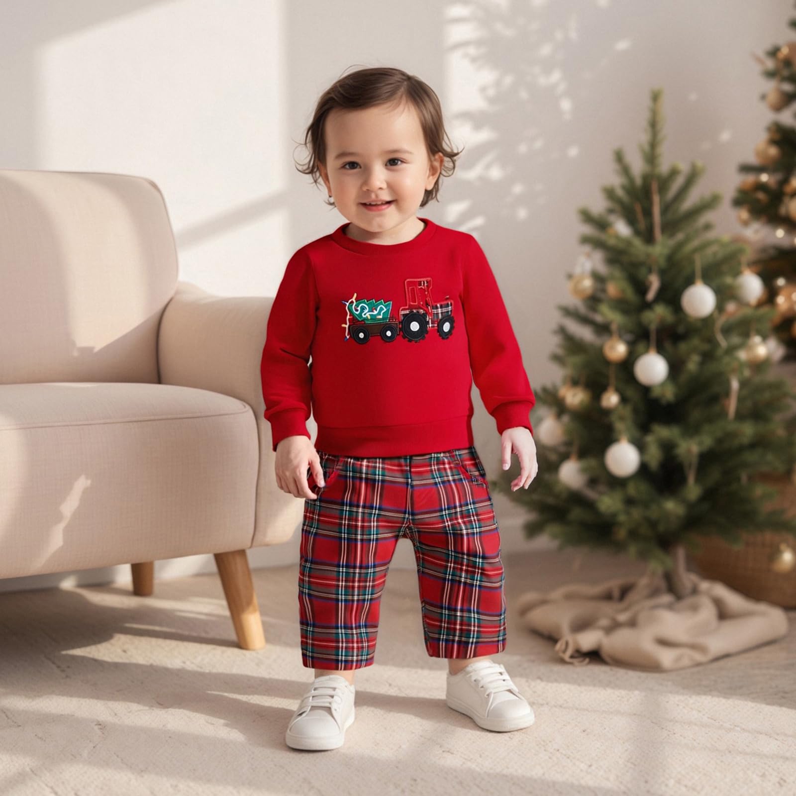 GXNRHG Kleinkind-Baby-Jungen-Valentinstag-Outfit, LKW-Herz-Aufdruck, langärmliges Sweatshirt mit Rundhalsausschnitt und Karierte Hose, süßes 2-teiliges Kleidungsset