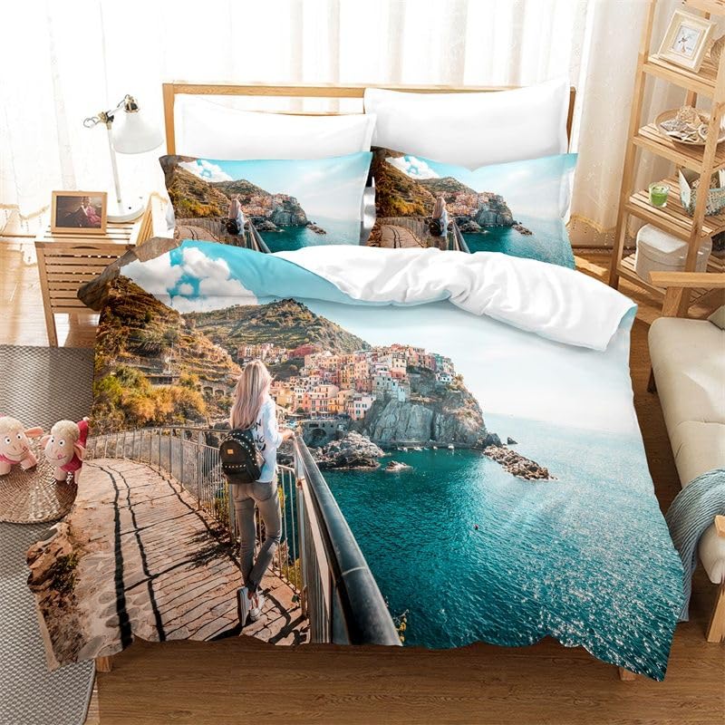 Housse de Couette 220x240 Paysage Cyan Doux Infroissable Microfibre 110g/㎡