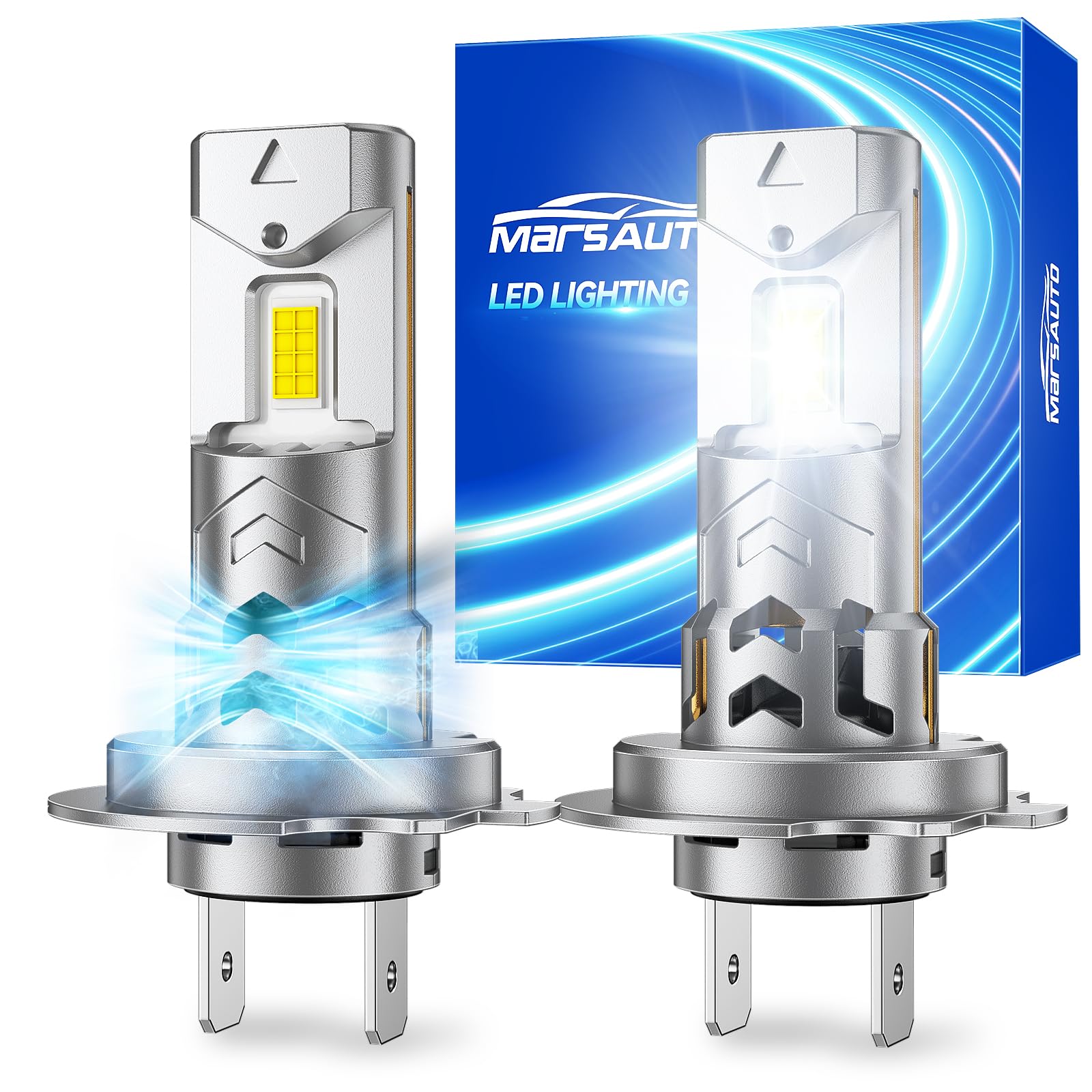 Marsauto Lampadina H7 LED 34000LM, 6500K 800% Brillante, Formato Mini 1:1 con Ventola di Raffreddamento da 14500 giri/min, Plug and Play, 2 Pezzi