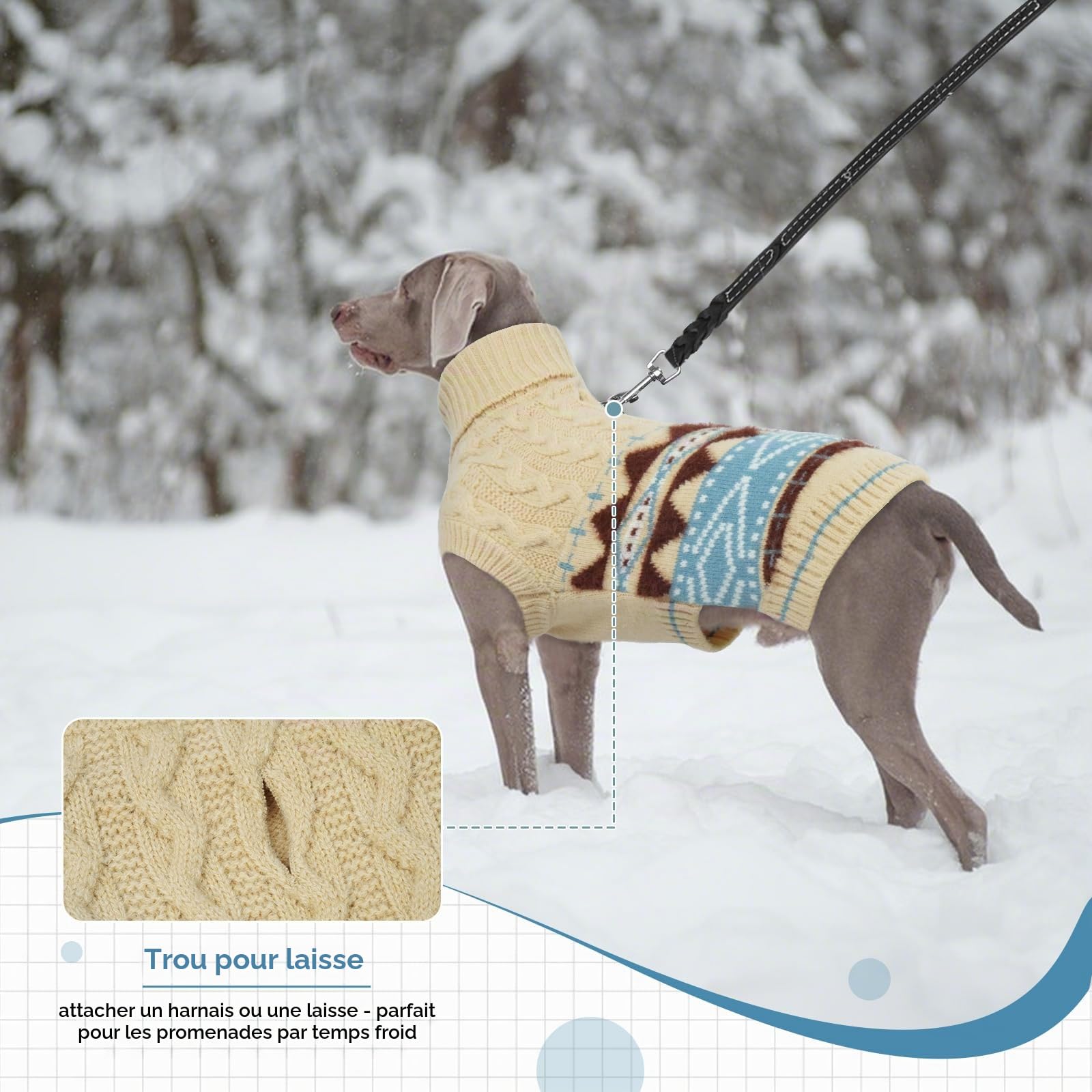 Pull Chihuahua - Fair Isle Pull Over pour Chien Hiver avec Trou pour Harnais, Pull-Overs Col Roulé Noel Sweat Tricot Chaud Facile à Enfiler pour Petite Taille Chien (1–24 kg) Beige XS