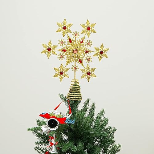 Miniatura 9 de DUSVALLY Gold Snowflake Christmas Tree Topper, Red Glitter Metal Star Treetop Xmas Decor with Easy Spiral Base-13 in