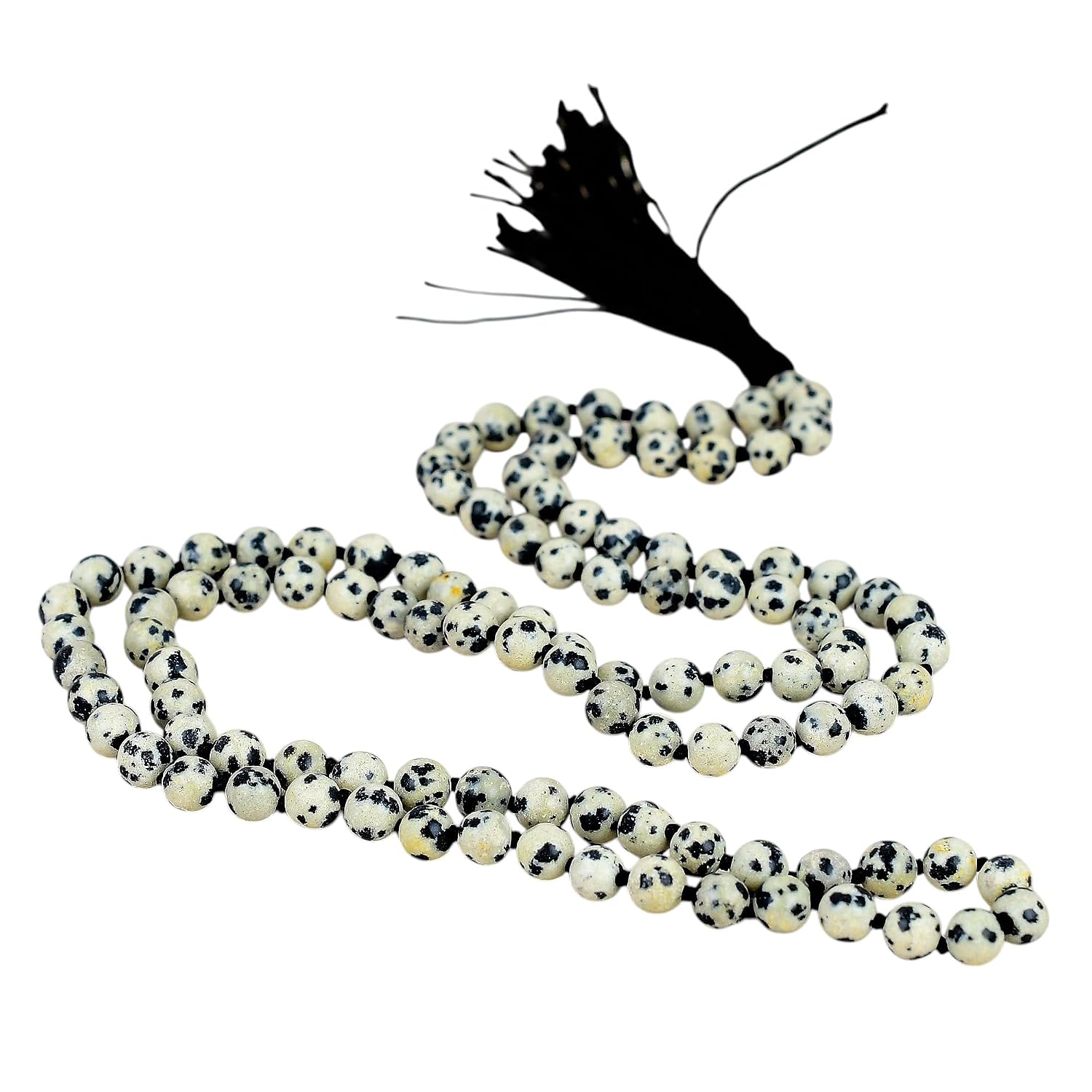 Natural Dalmatian Jasper Japa Mala 108 Beads 6mm Hand Knotted Meditation Necklace Black Tassel Spotted Stone Prayer Beads Yoga Mala Gift