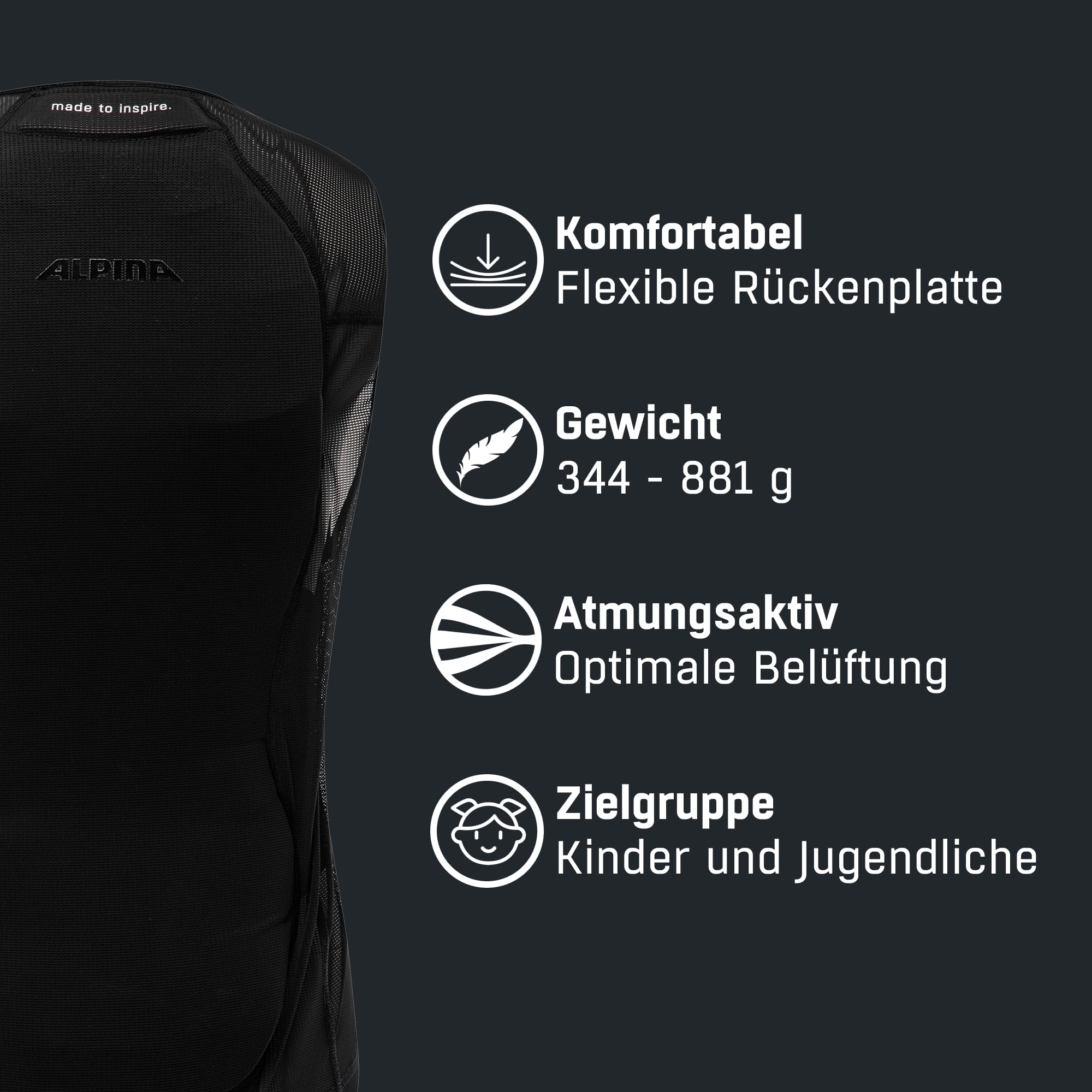 ALPINA PROSHIELD JUNIOR - Rückenprotektor für Kinder und Jugendliche, Komfortabler Schutz, Atmungsaktiv & Anpassbar, Schutzweste für Ski- & Wintersport, Schwarz